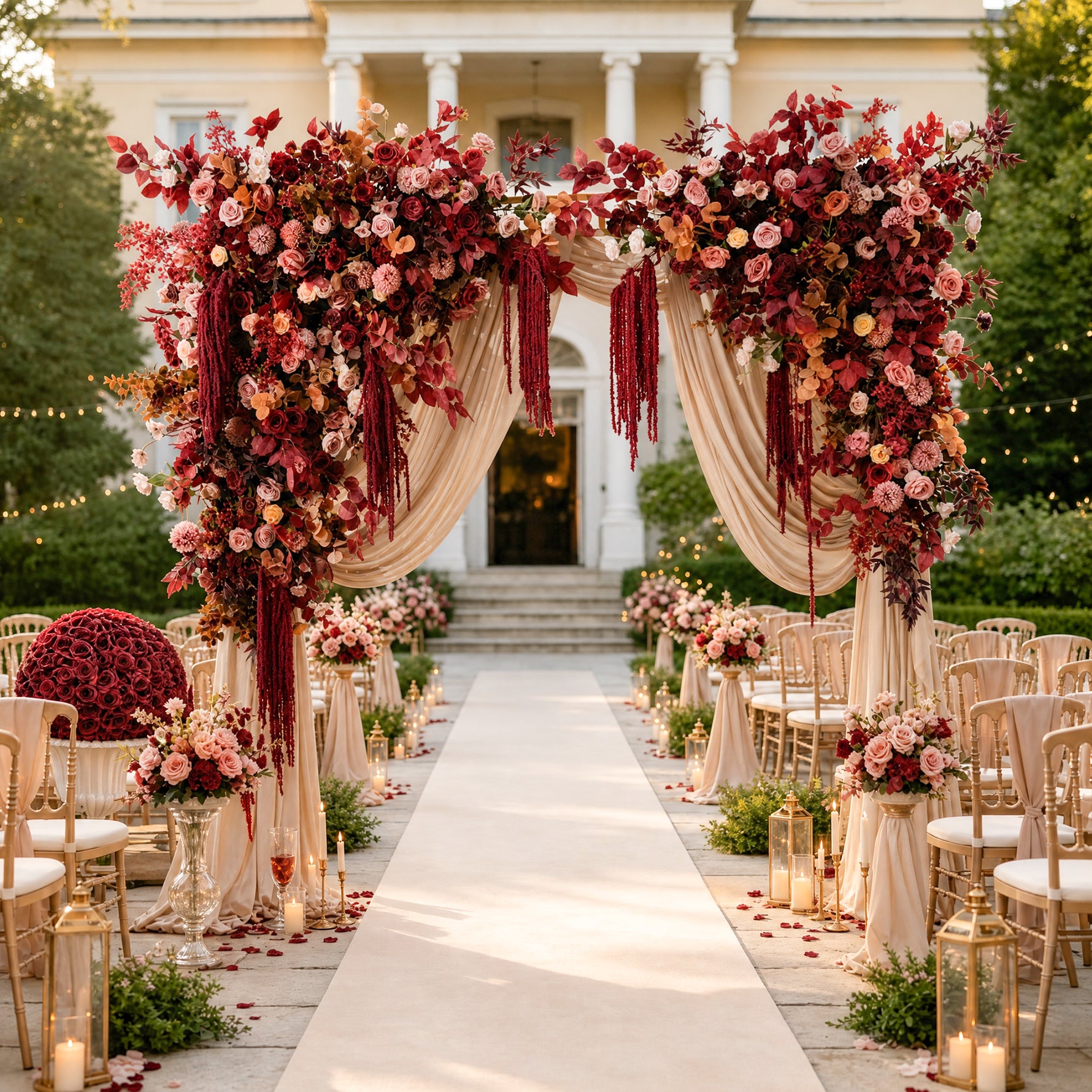 faux burgundy rose arch for wedding ceremony