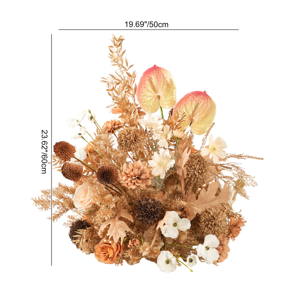 Golden spiky sphere mixed flower table arrangement for autumn wedding