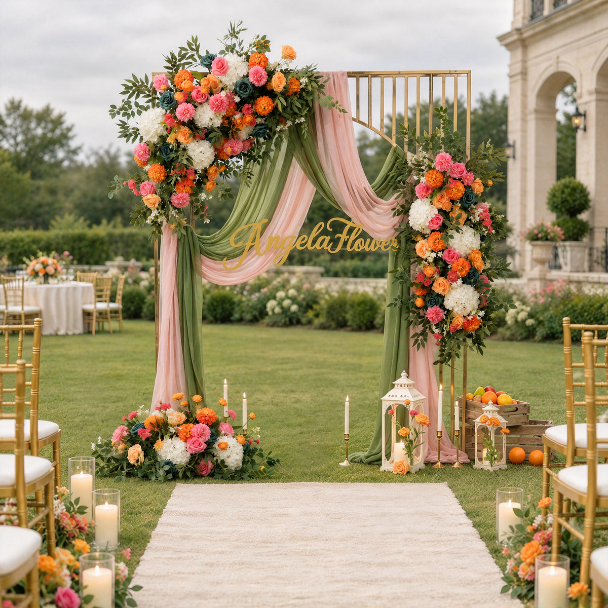 Gold metal arch floral decor set with blush and sage drapes