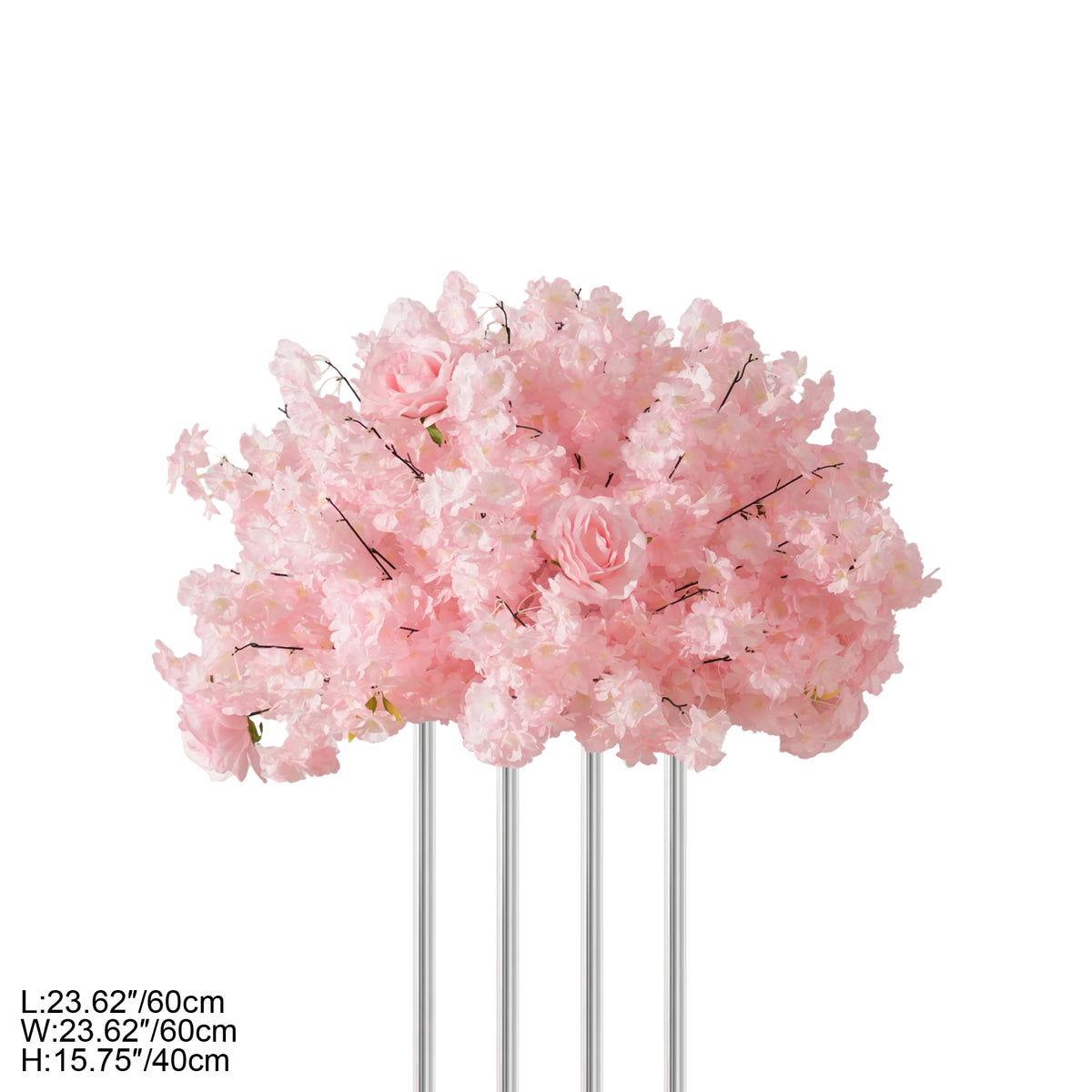 Blush pink flower sphere on banquet table with white linen