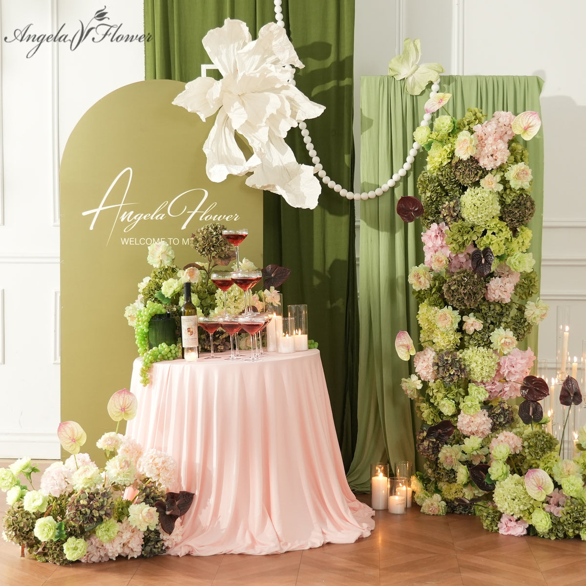 Green pink hydrangea ground flower arrangement for wedding