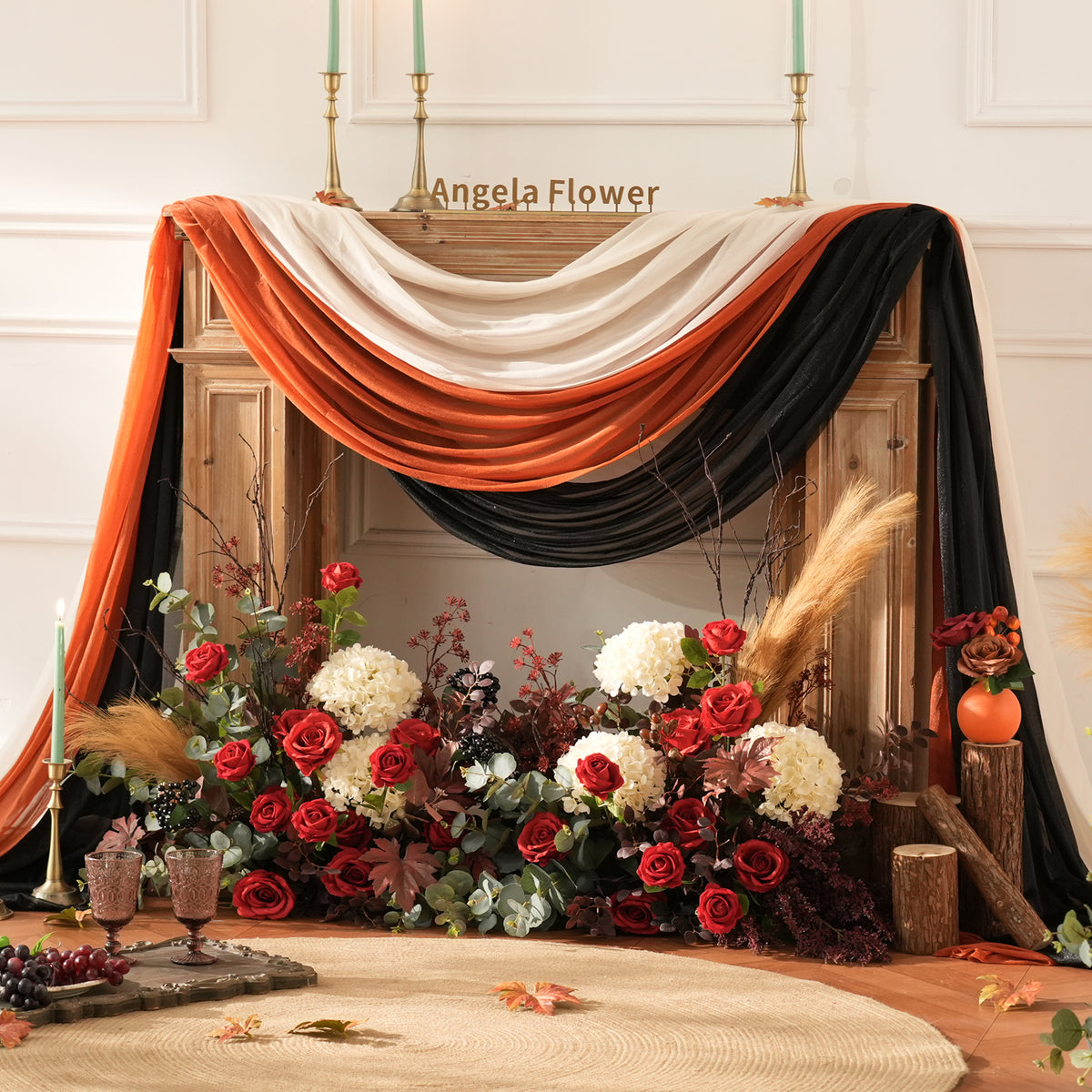Pampas grass and fall flower accented KT board for wedding photo‑booth and stage decoration