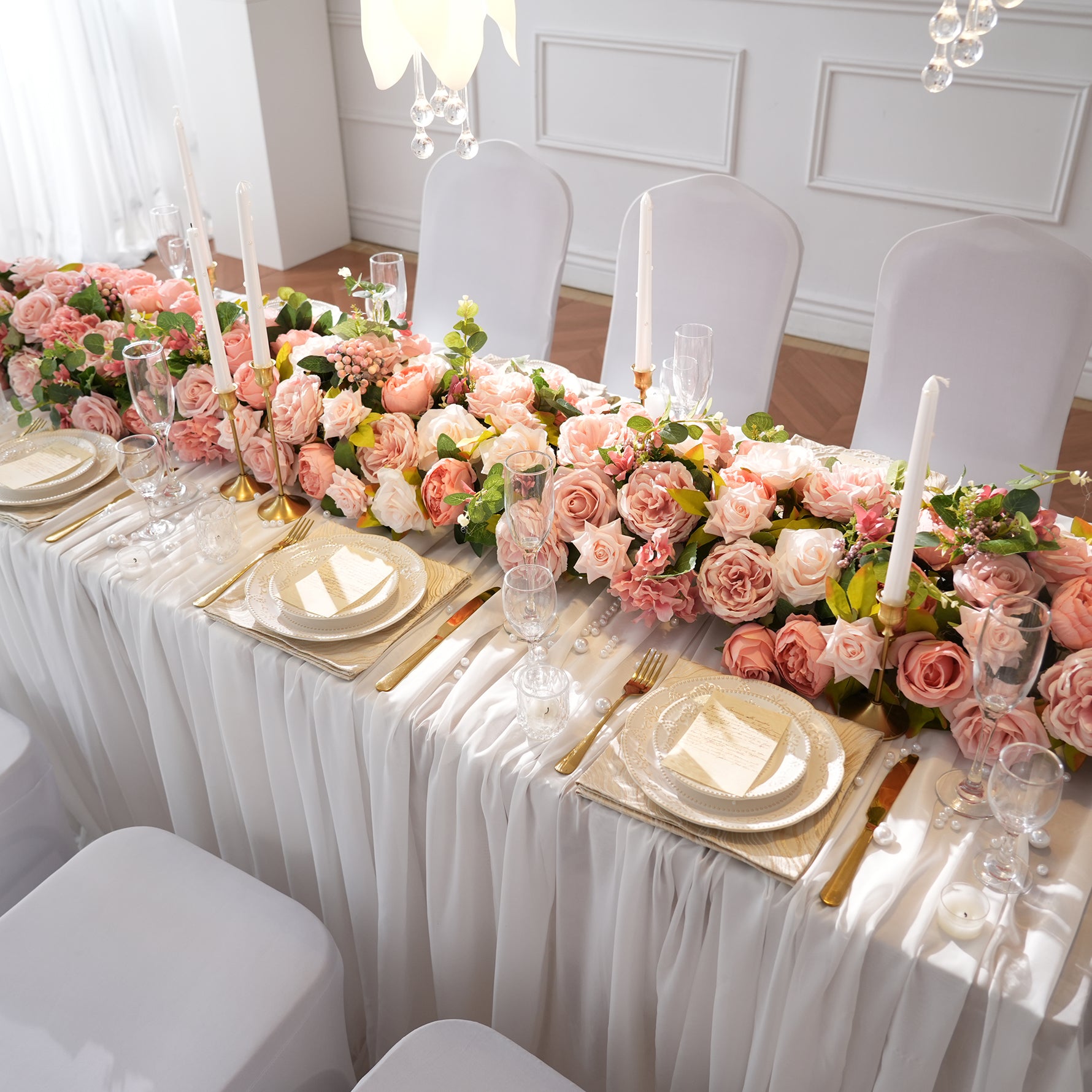 handcrafted dusty blush peony rose table swag for outdoor reception