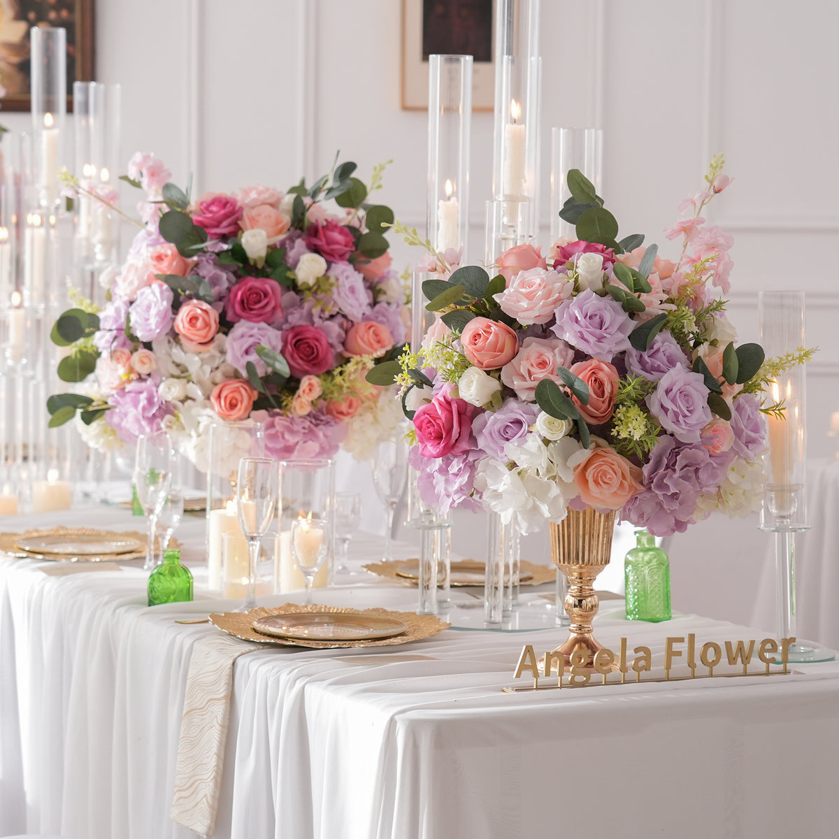 Faux fuchsia rose, lilac hydrangea and mini white rose table arrangement