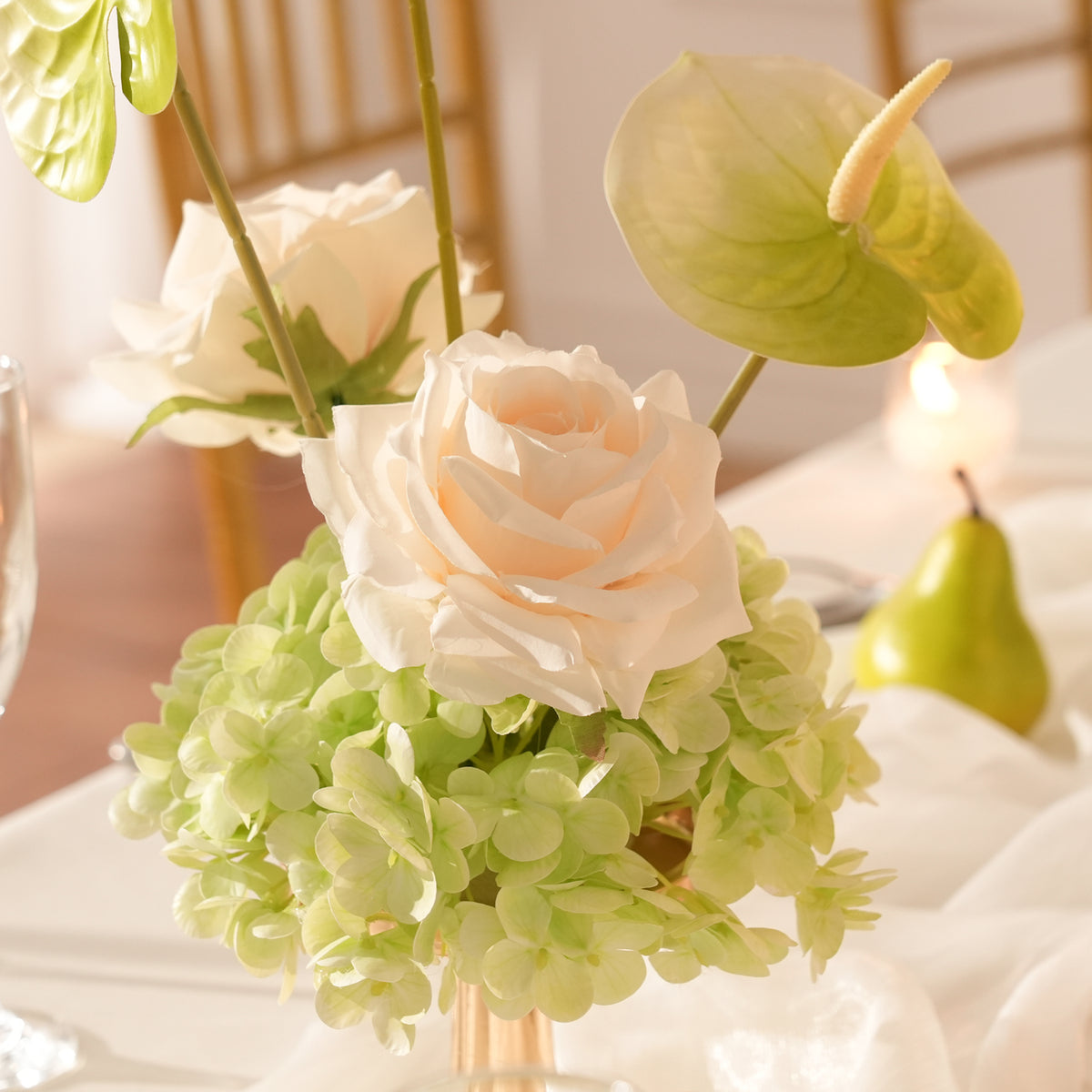 Pale green artificial anthurium flower with textured spadix detail