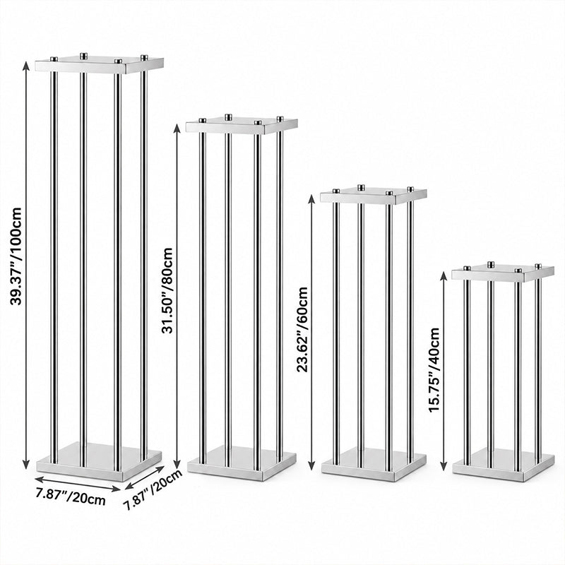 Tall metal pillar pedestal stands used as wedding aisle flower decor holders