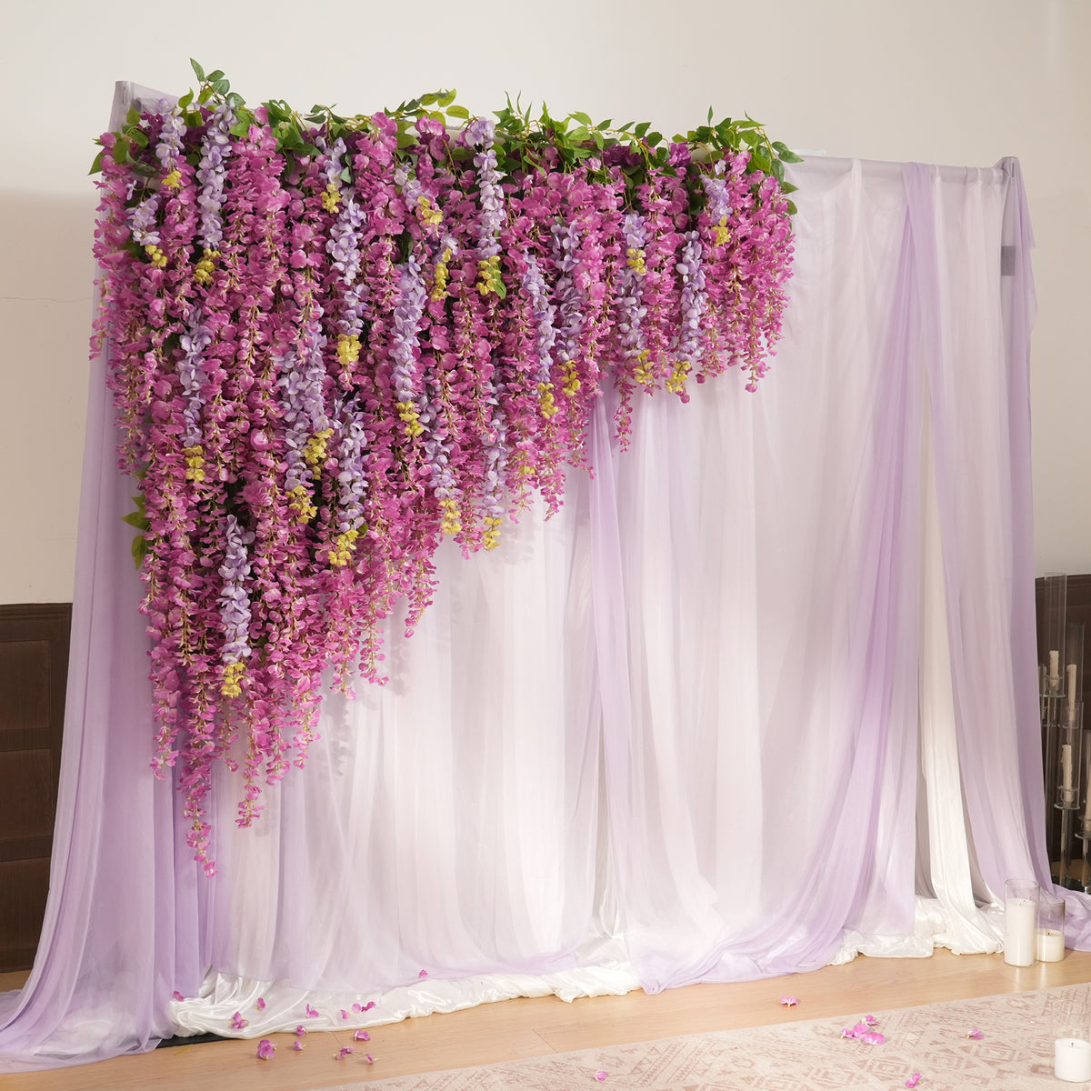 Soft pink wisteria flower wall for bridal shower and engagement party decor