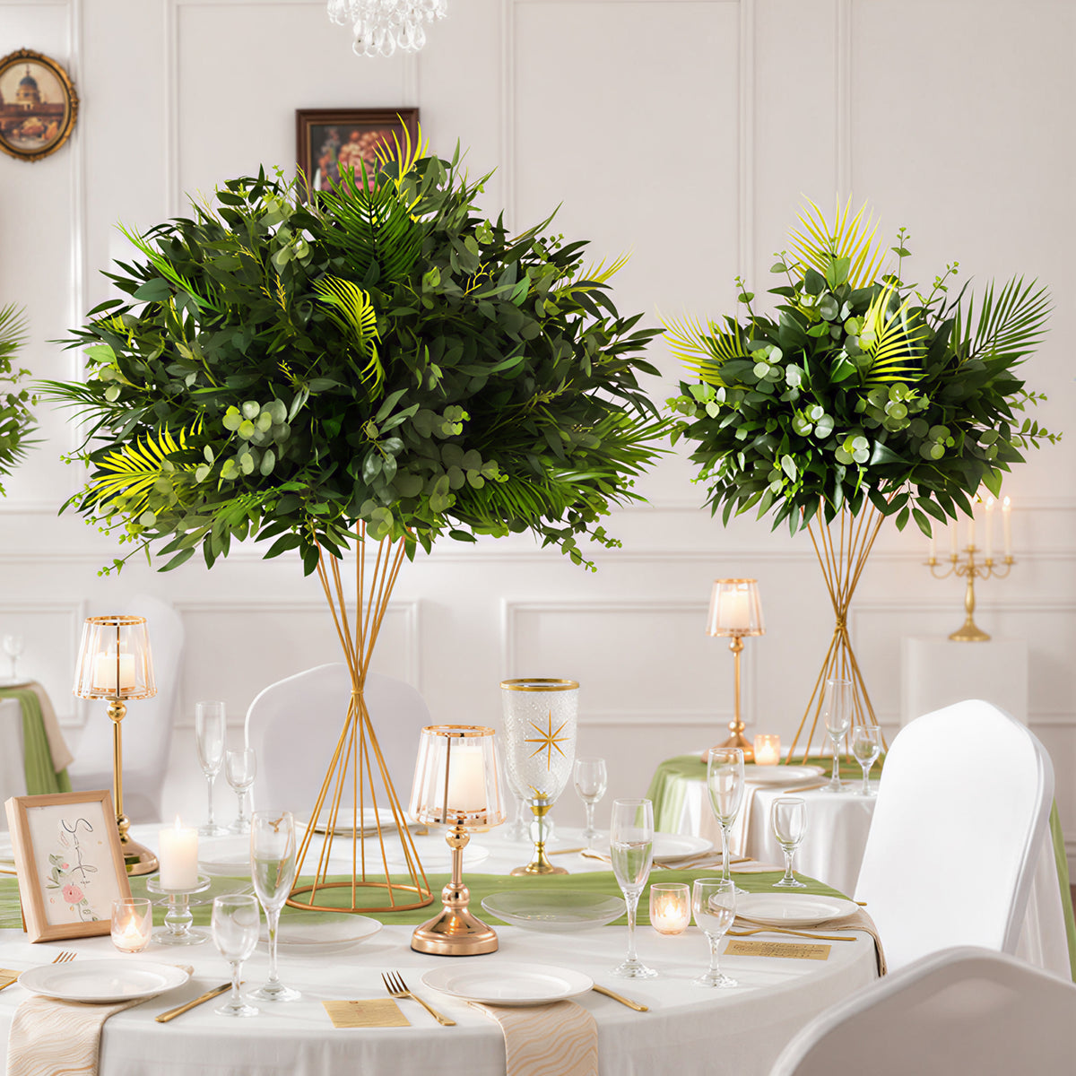 green foliage table centerpiece for neutral elegant wedding tablescape