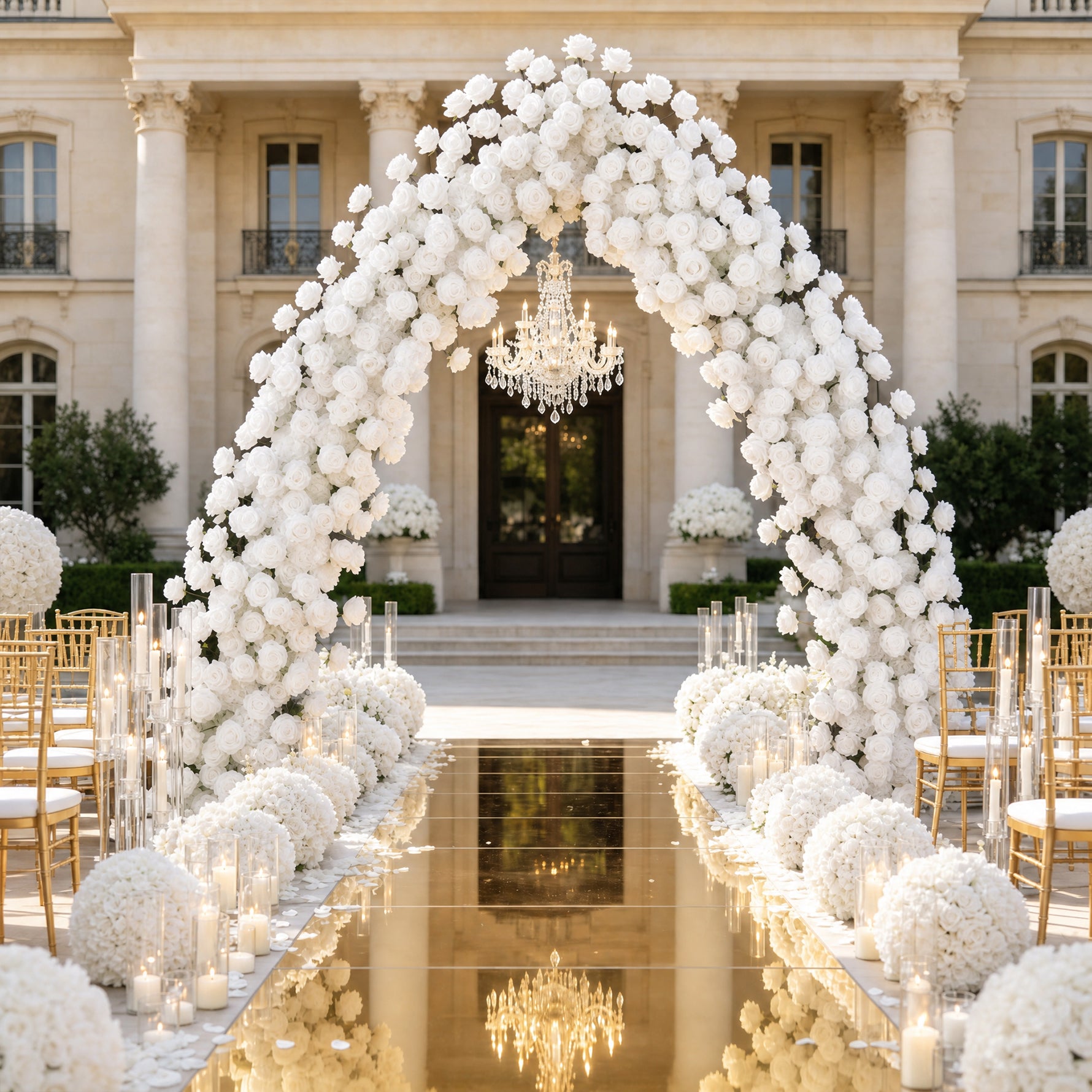 white_silk_rose_arch_outdoor_mansion_venue