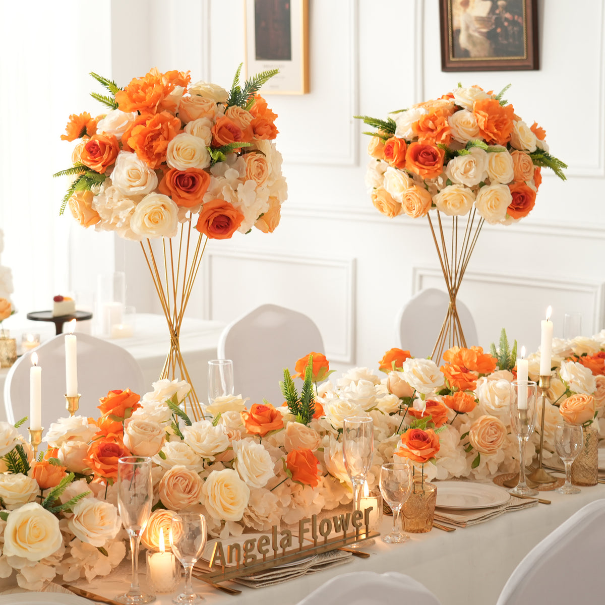 mixed artificial flower table runner on white dining table