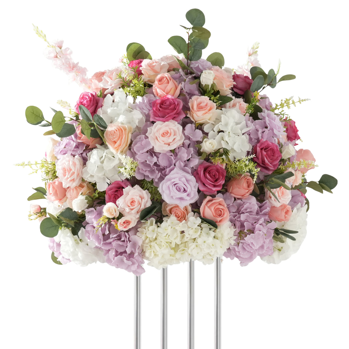 Reusable faux fuchsia peach rose table arrangement for banquet events