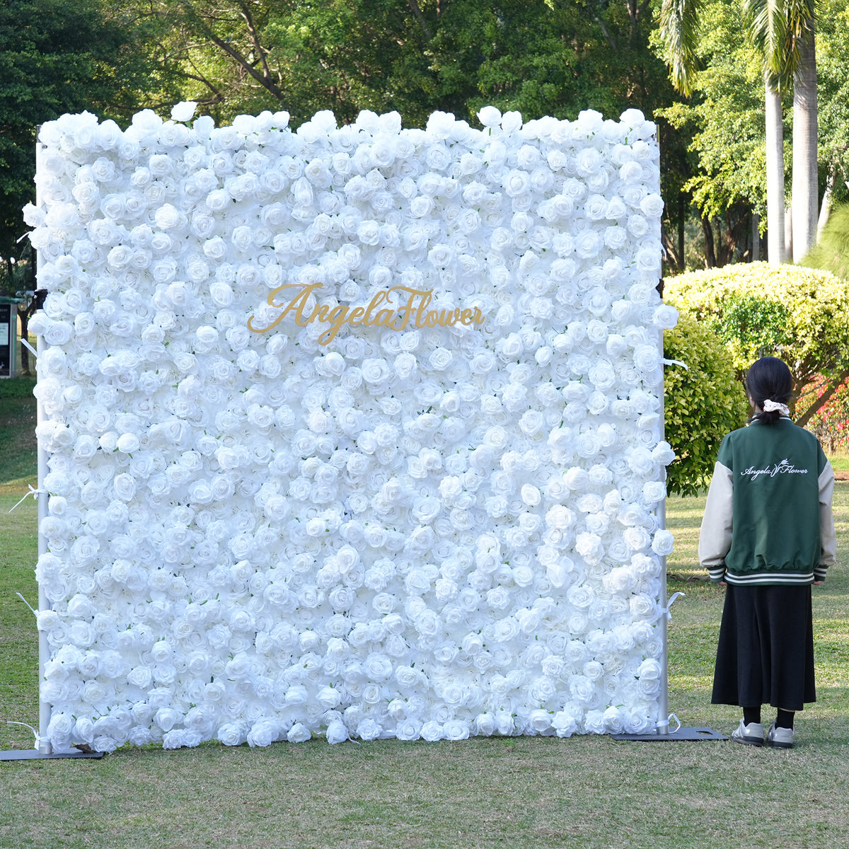 Close‑up view of dense faux rose flower wall texture