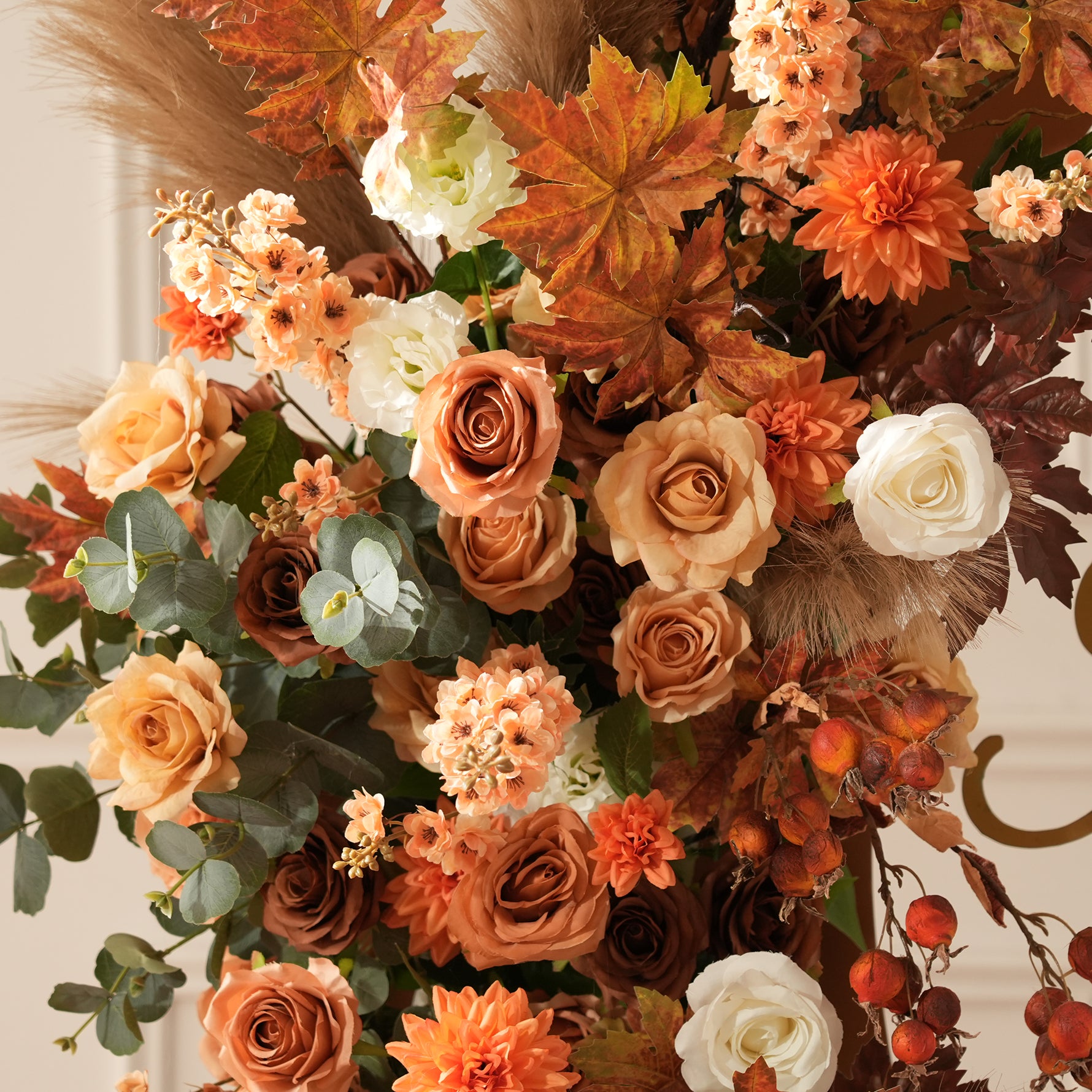 Warm fall tone pampas grass silk flower table centerpiece