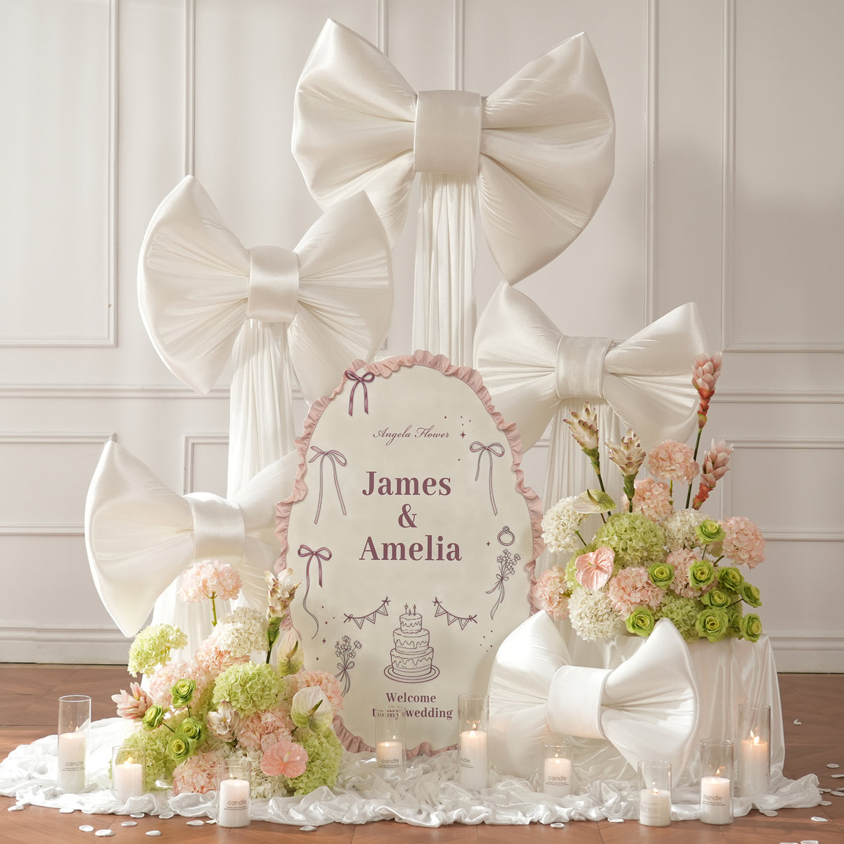 pastel blush green artificial ground floral arrangement for wedding