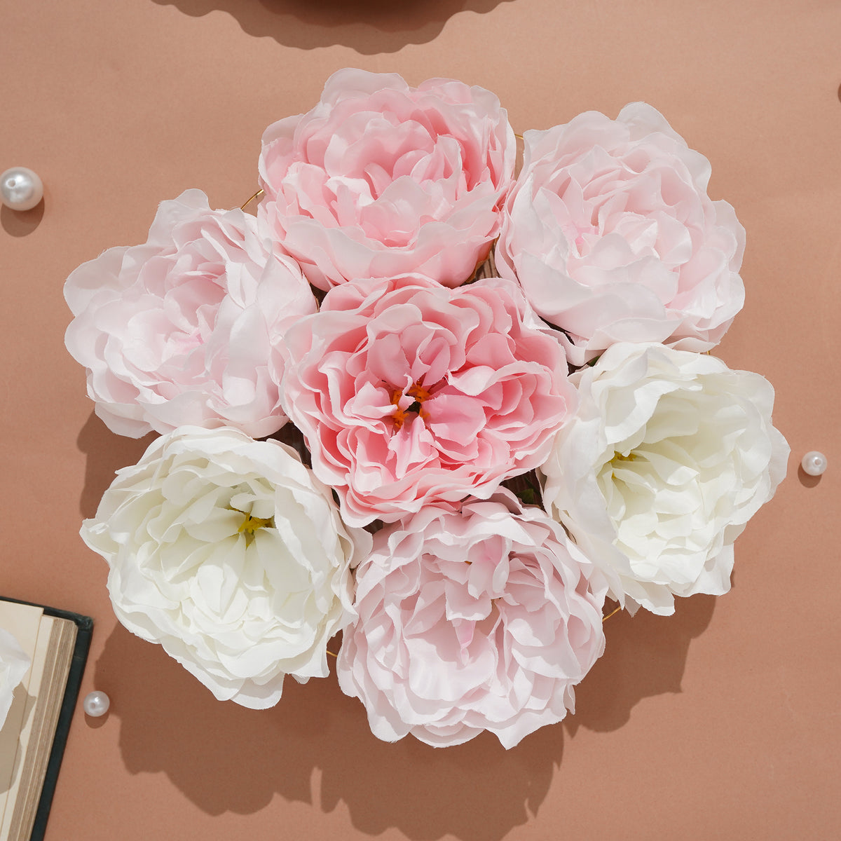 Faux peony blooms for wedding backdrop