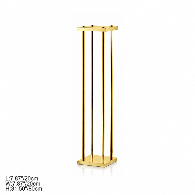 Silver metal pillar display stands group shot inside bright minimalist living room