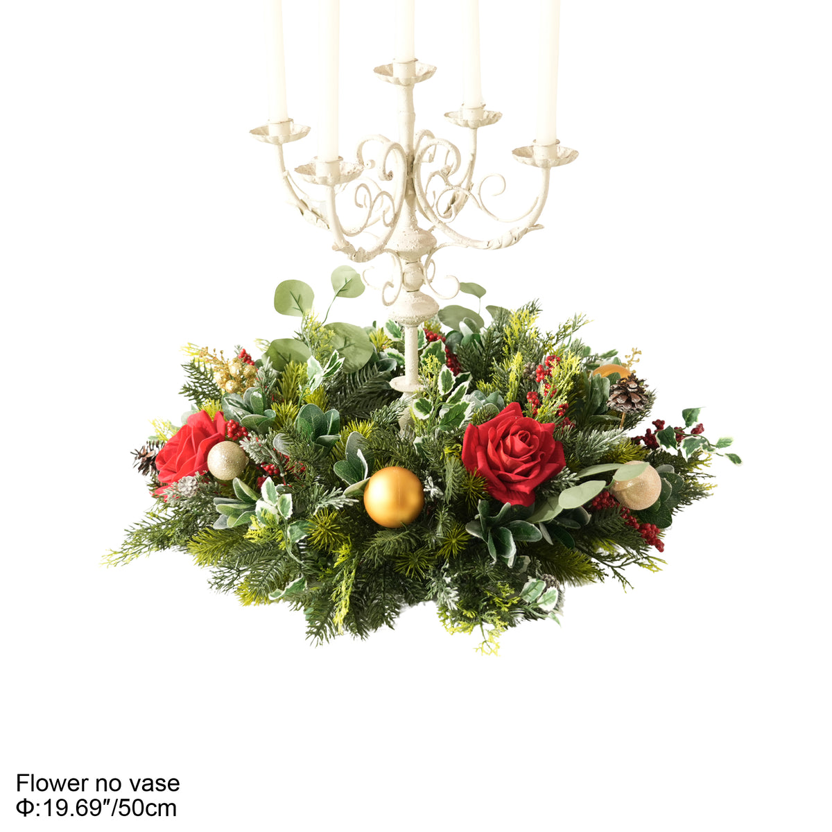 Faux evergreen sprigs, eucalyptus leaves, red roses and red berry clusters for christmas decor