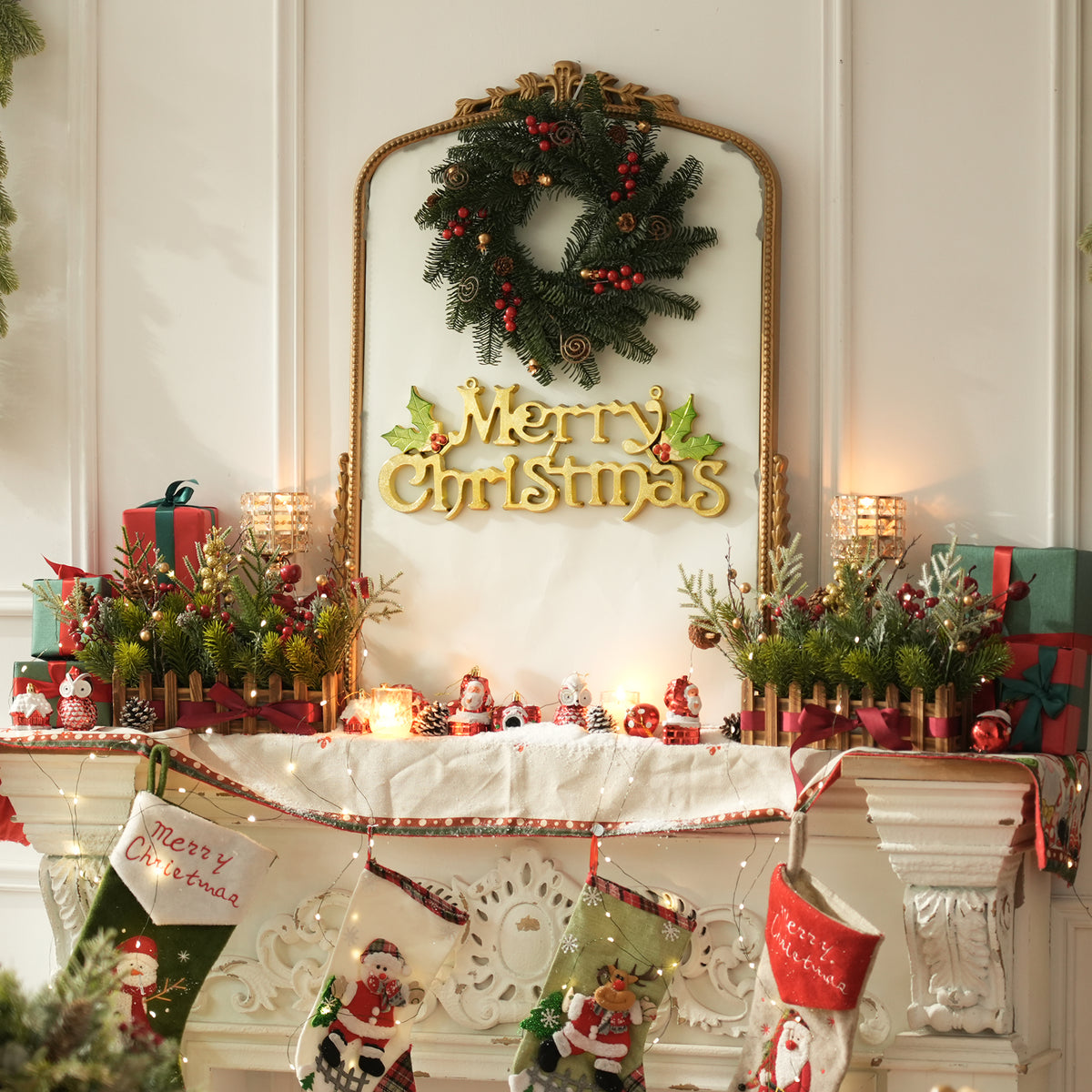 Classic red and green christmas table setting with artificial pine berry centerpiece