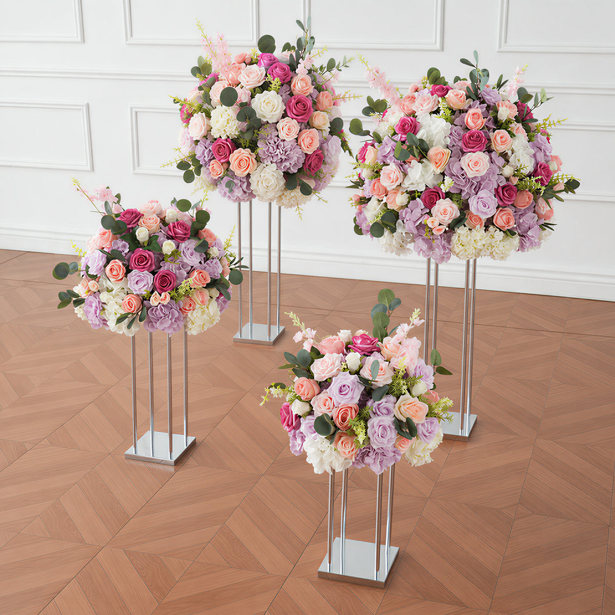 Pink and lavender silk flower table centerpiece for wedding main table styling