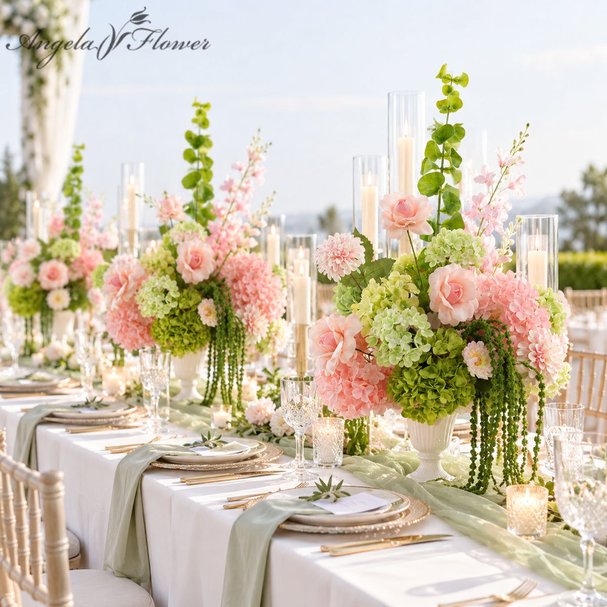 Pastel garden‑style silk floral centerpiece for outdoor wedding tablescape styling