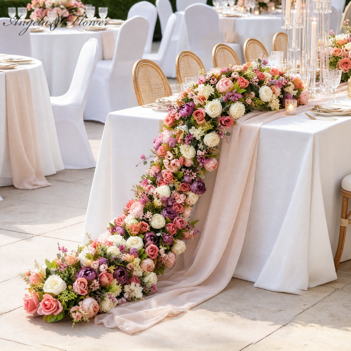 Dusty pink and mauve artificial flower table runner with peonies and roses