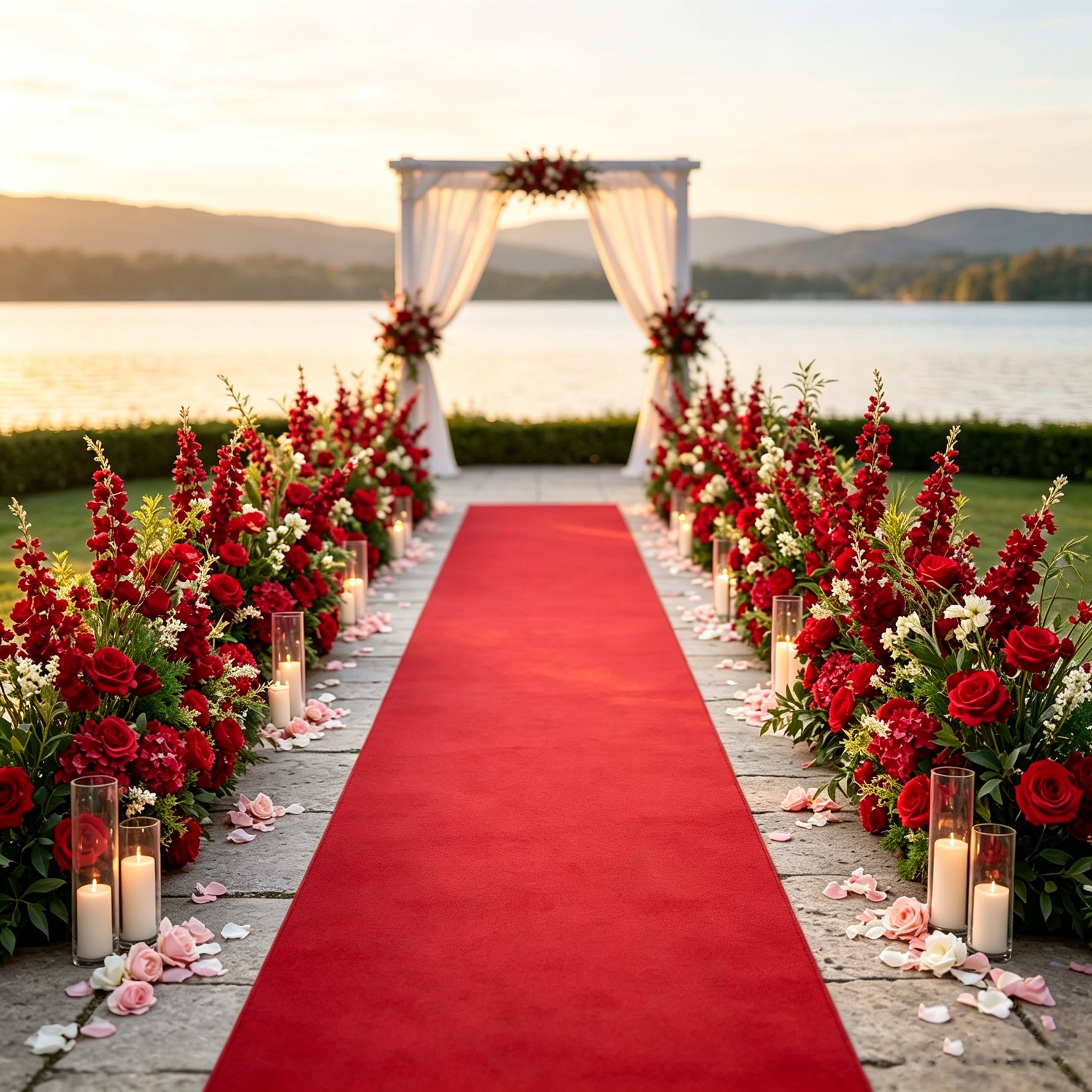 Red Artificial Flower Arrangement for Outdoor Wedding Ceremony