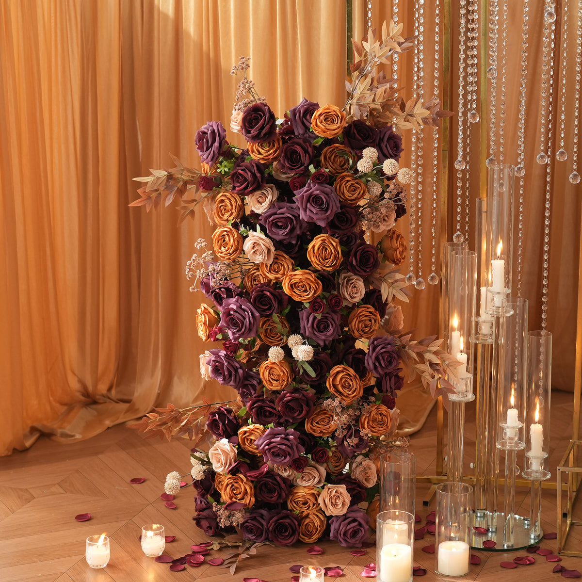 Dark mauve burnt orange rose swags for outdoor fall wedding ceremony decor