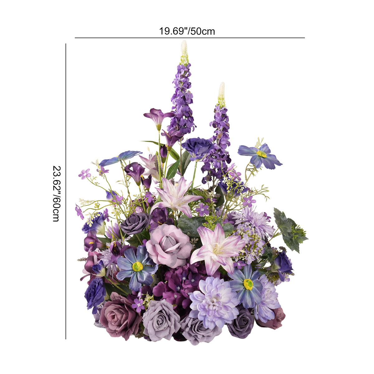 Artificial purple table flower arrangement for wedding table styling photos