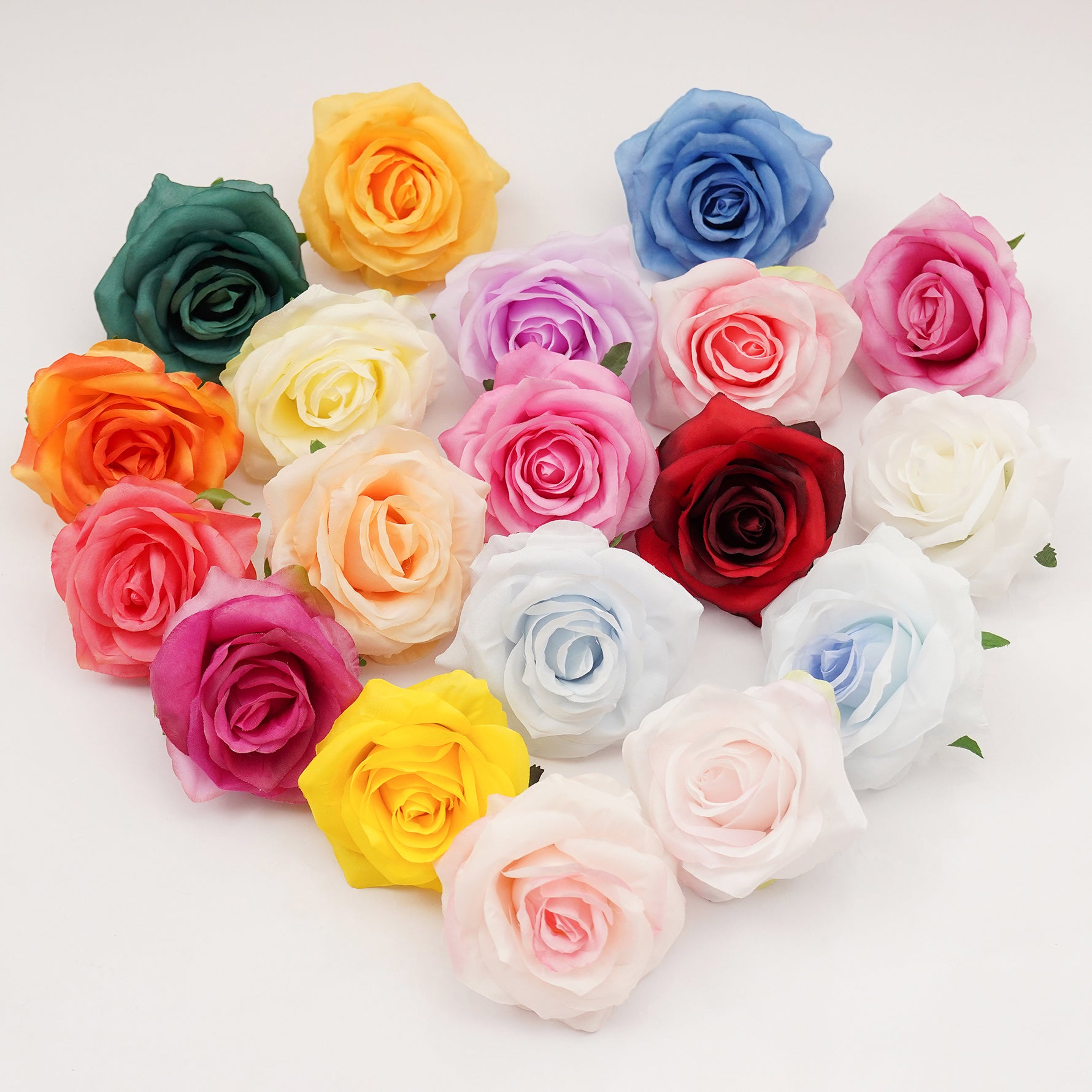 Rainbow color artificial rose blooms for DIY crafts and events