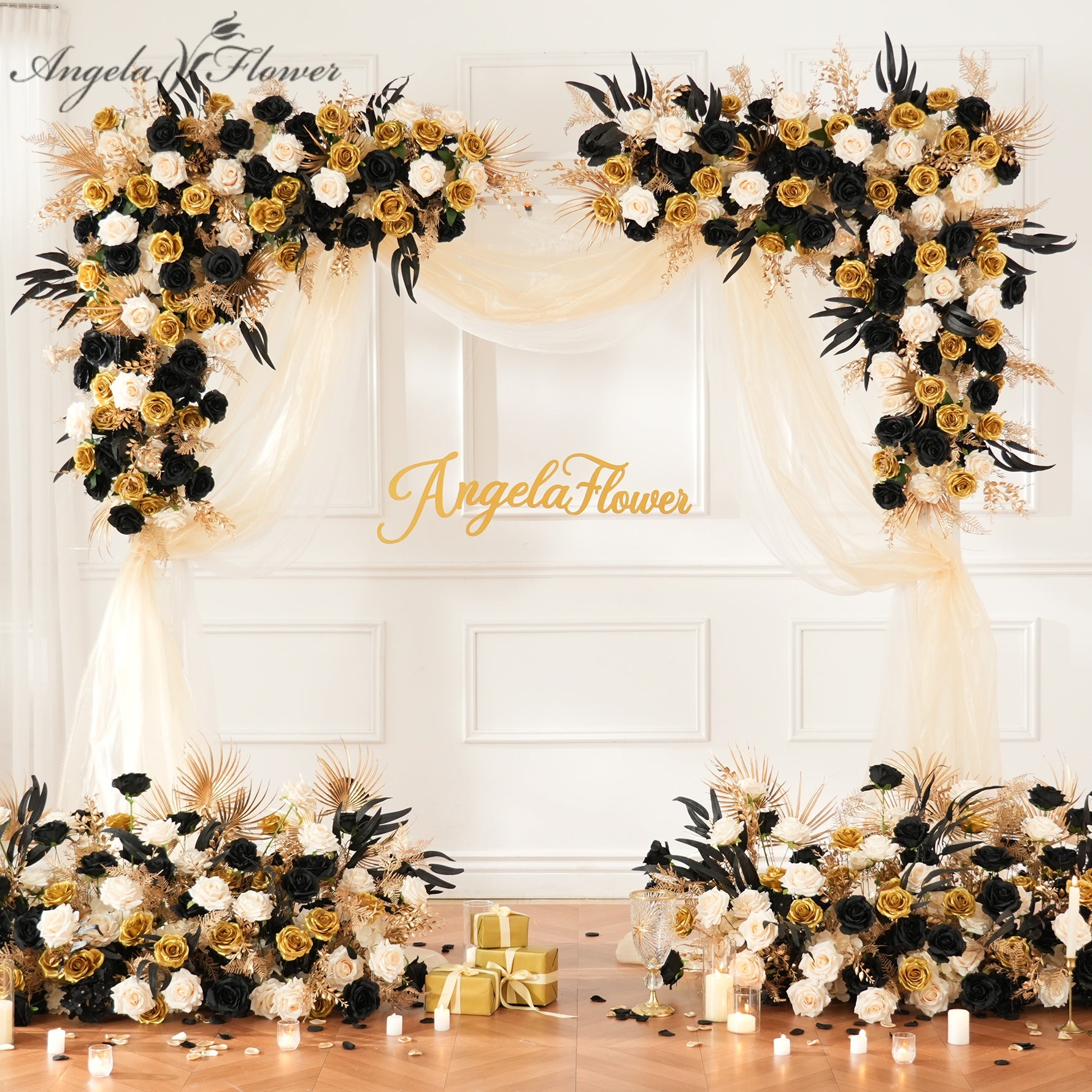 Black gold champagne artificial flower arch for wedding backdrop