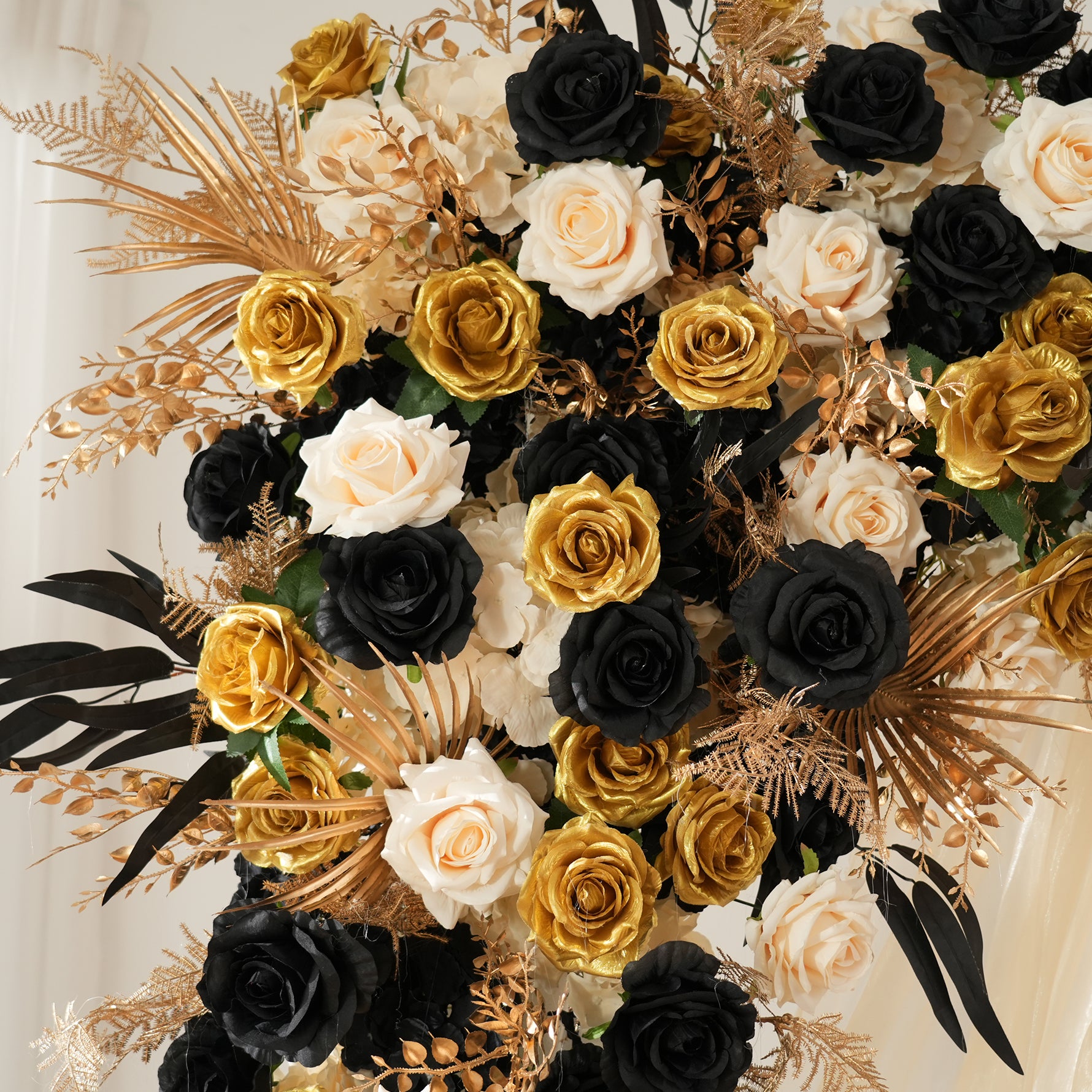 Black gold artificial flower table runner for wedding reception