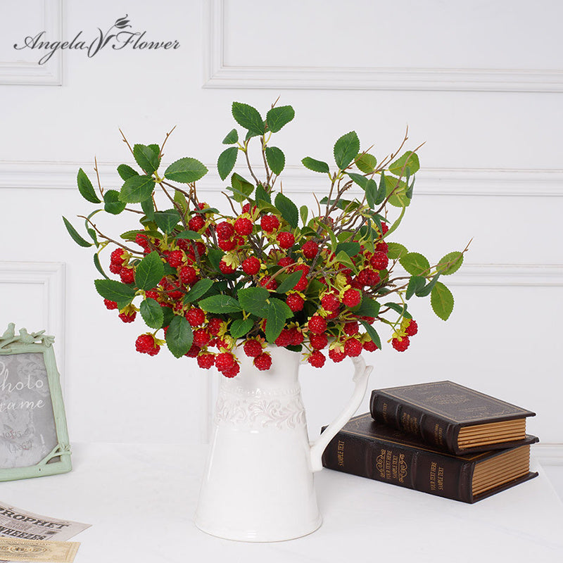 artificial raspberry berry stem with green leaves for floral arrangements