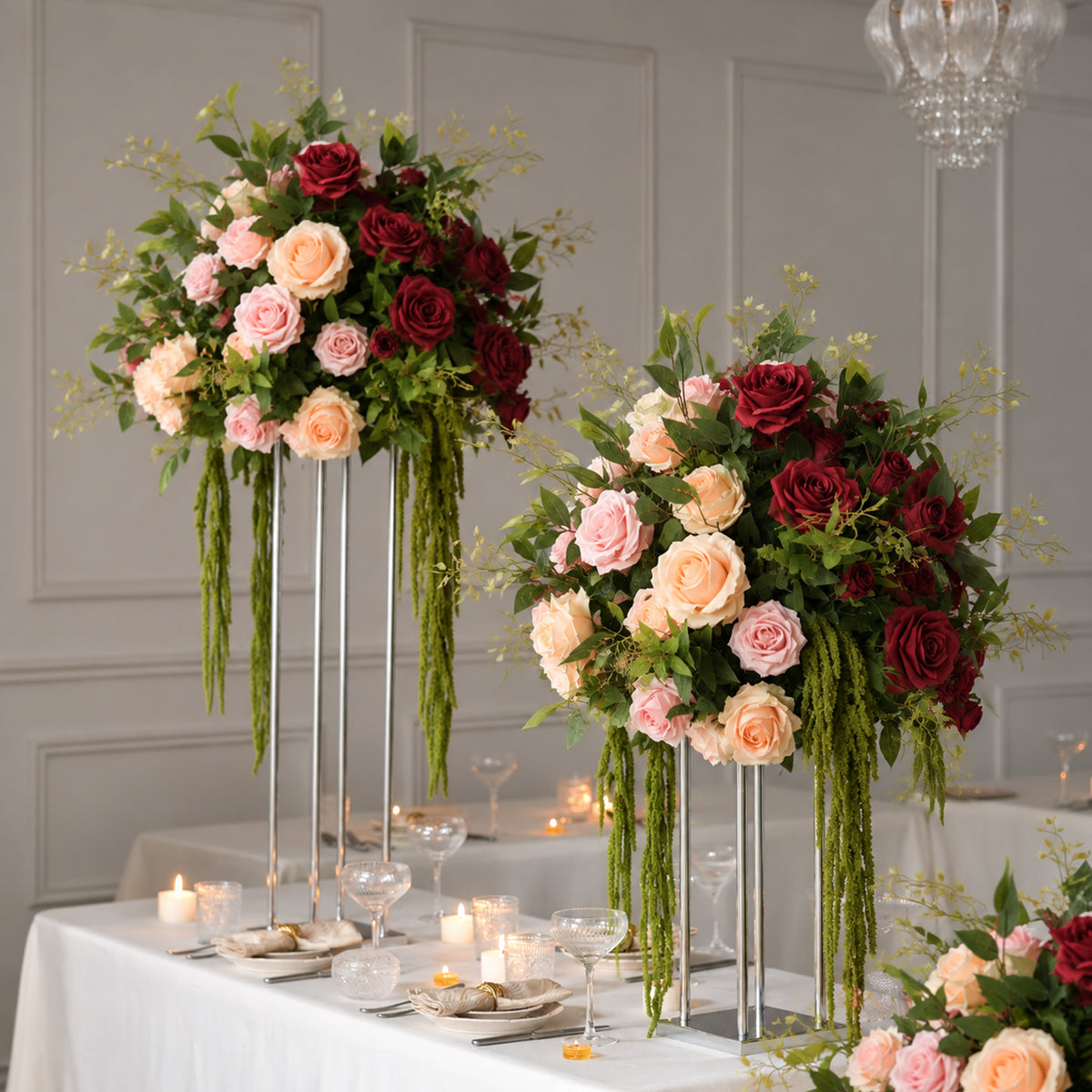 peach champagne rose wedding centerpiece hanging greenery