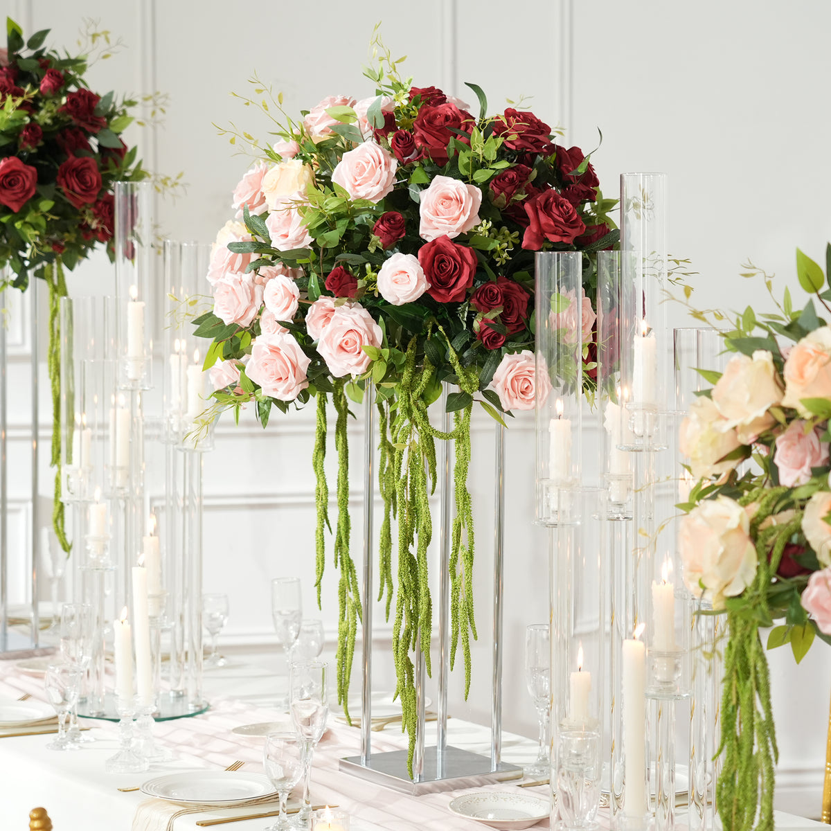 boho vineyard wedding table flower burgundy blush roses