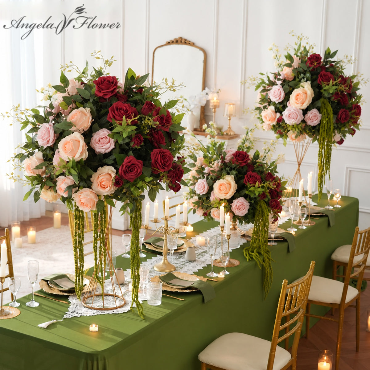 red blush peach artificial rose wedding table centerpiece