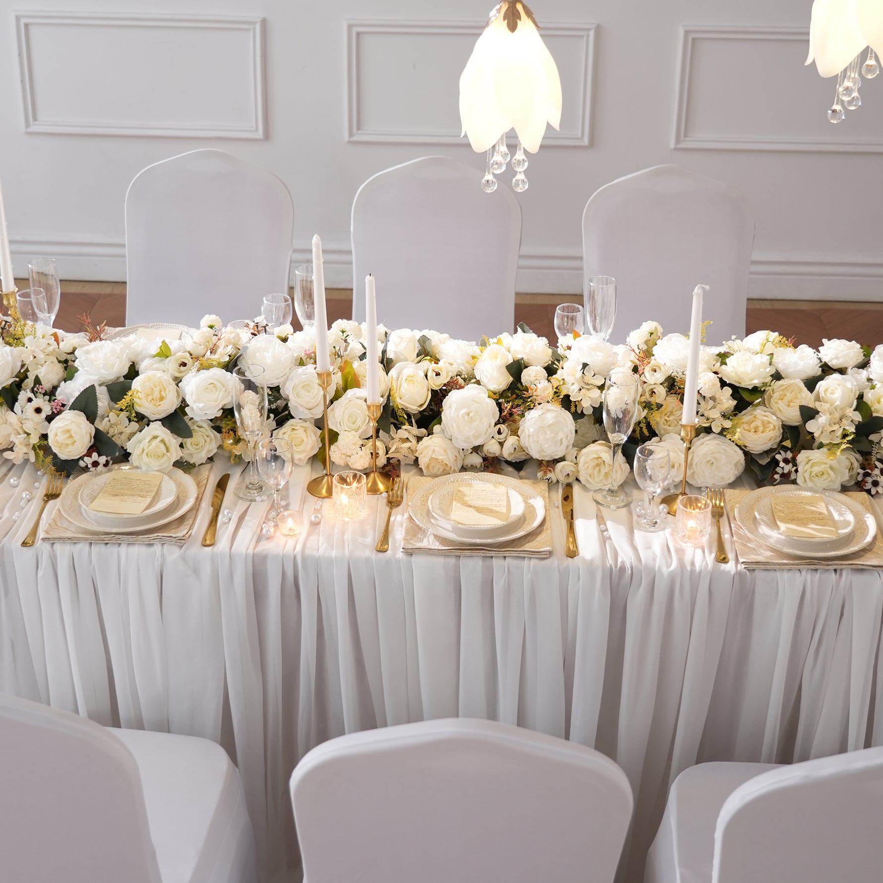 faux white rose greenery garland for banquet table