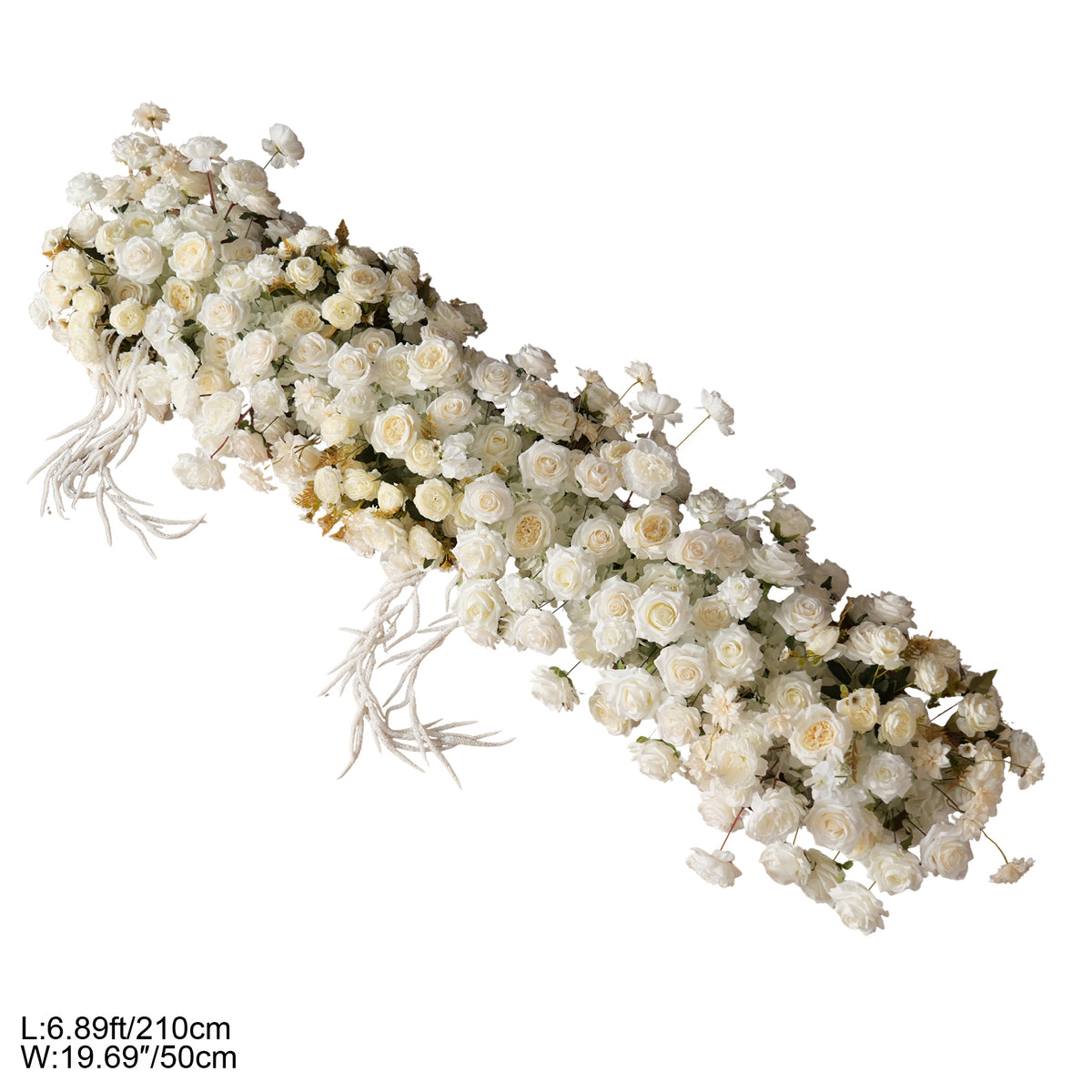 Mixed white blooms artificial flower row with green foliage accents