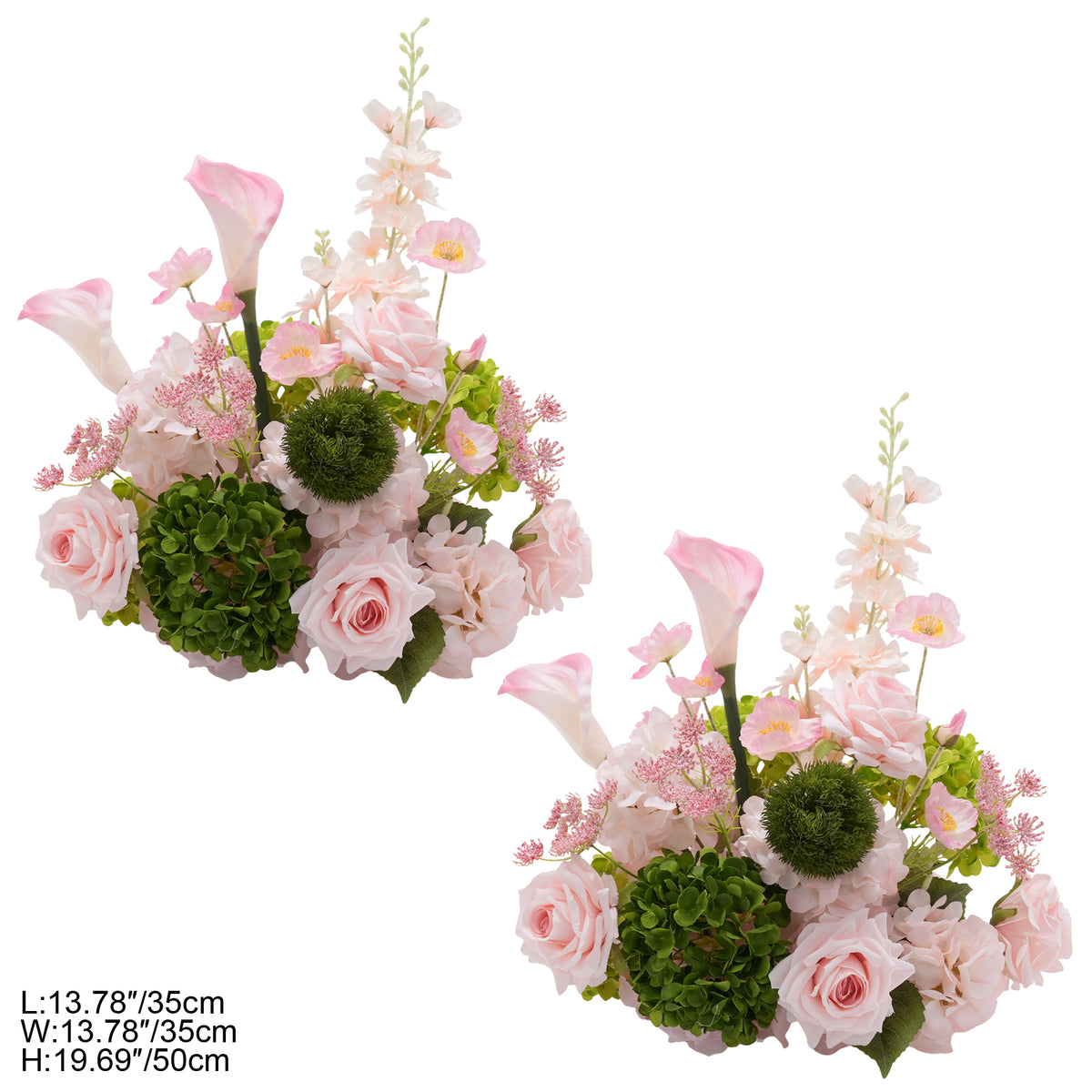 Detailed closeup view of blush pink faux floral centerpiece with poppies, calla lilies and green hydrangeas