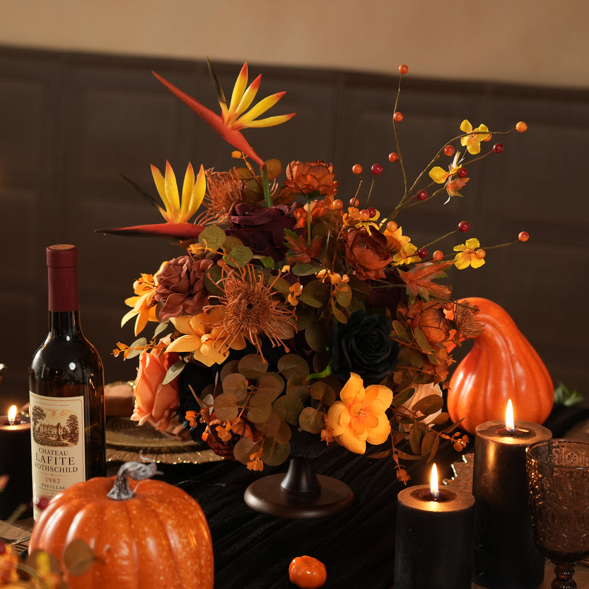 Terracotta orange rose closeup in dark halloween flower set