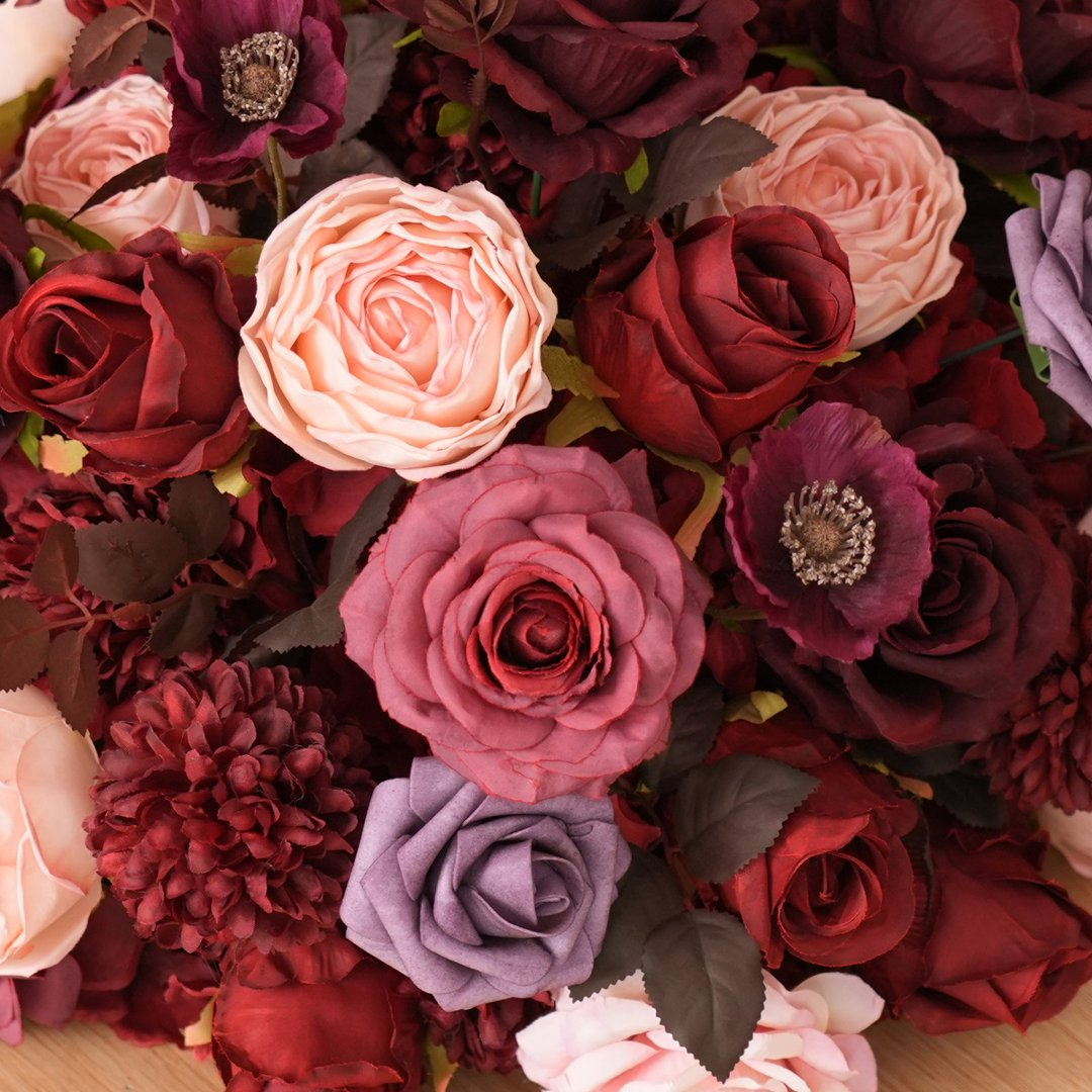 burgundy-artificial-rose-dahlia-wedding-backdrop-decor
