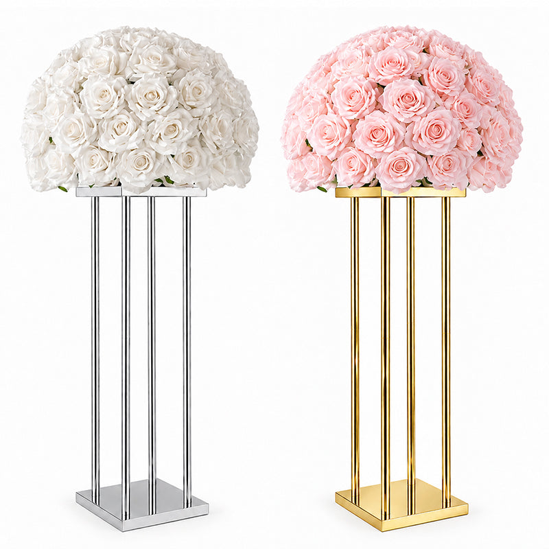 gold & silver pillar stands paired with round rose flower ball centerpieces