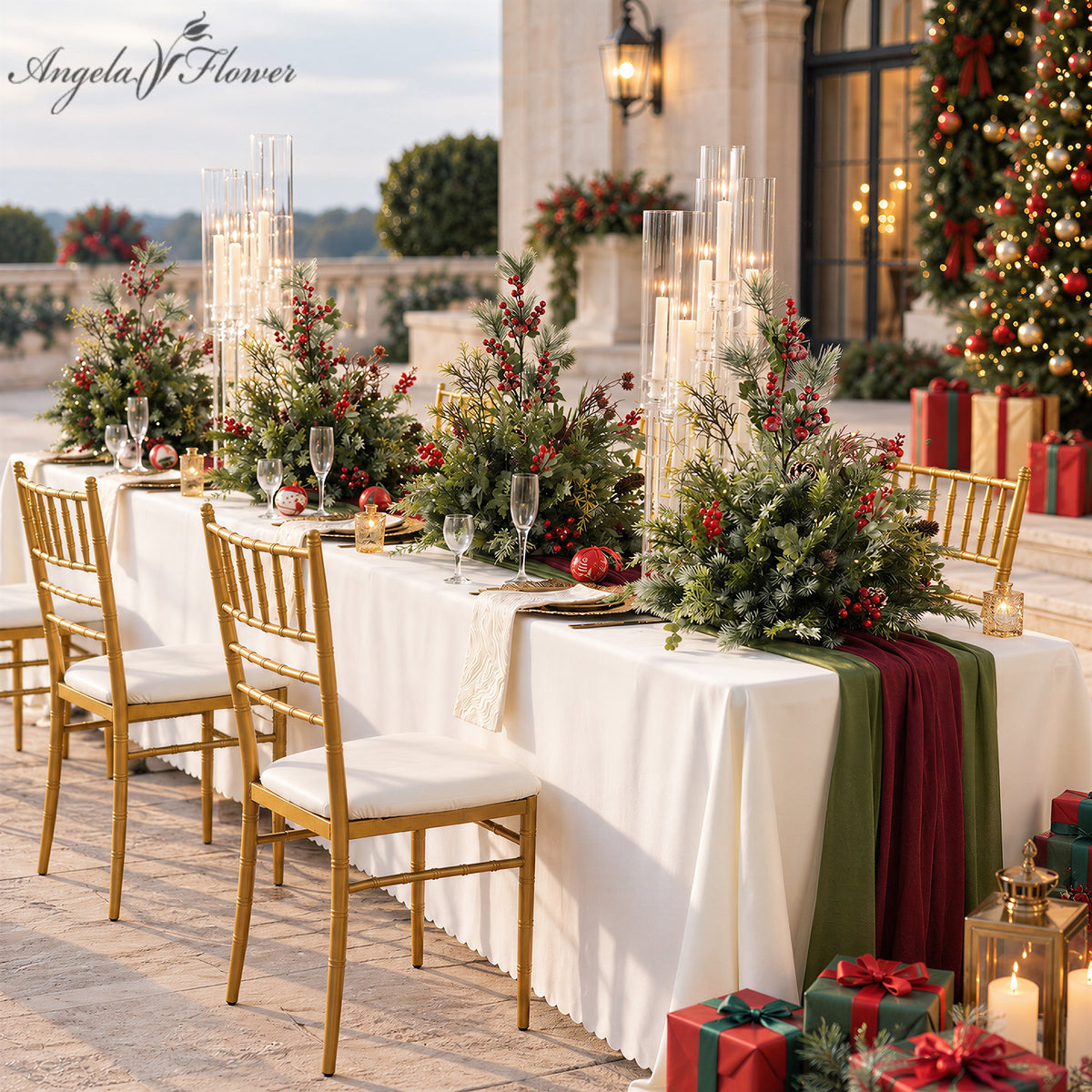 Snowy pine red berry artificial Christmas table centerpiece