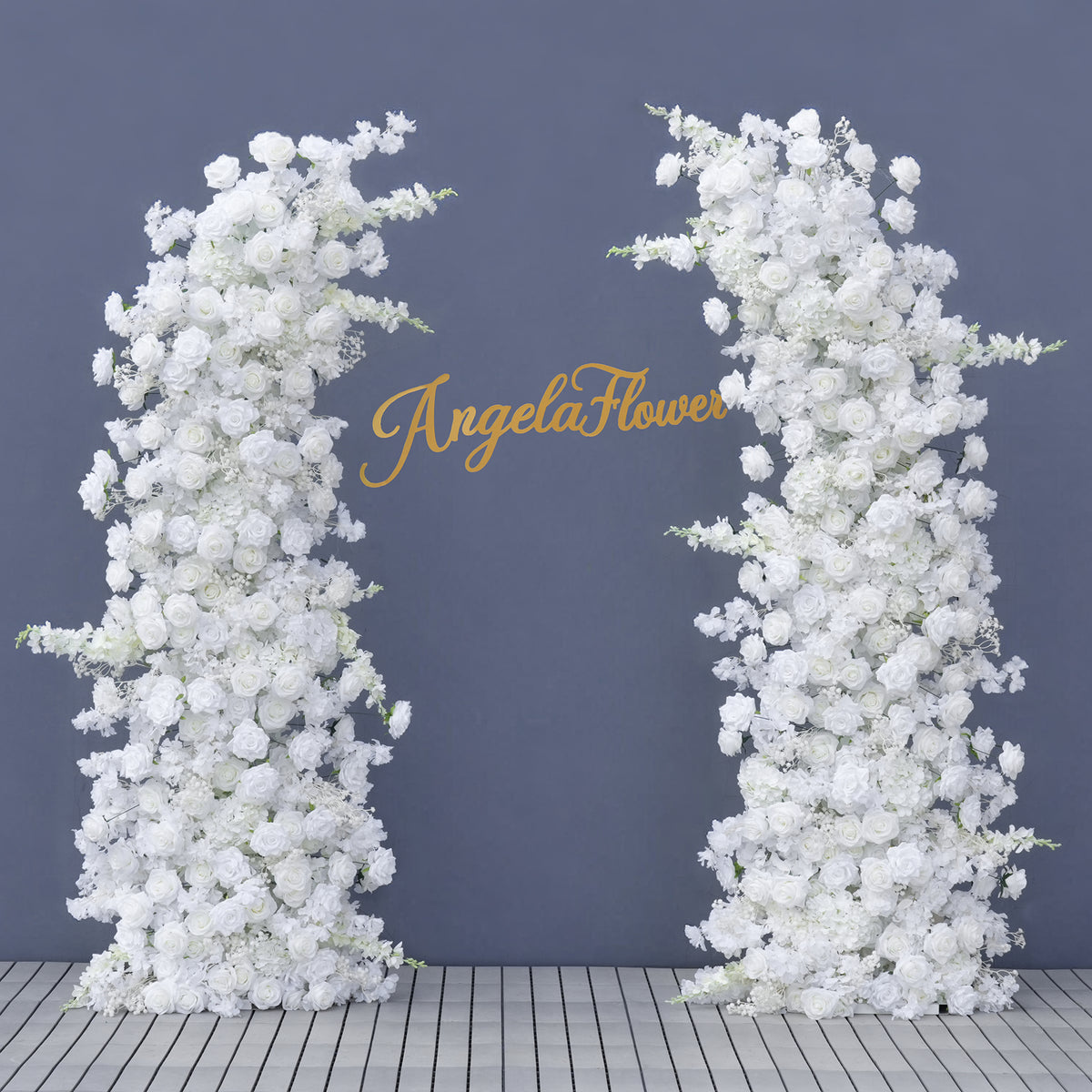 Dense packed white artificial blooms for full coverage wedding arch