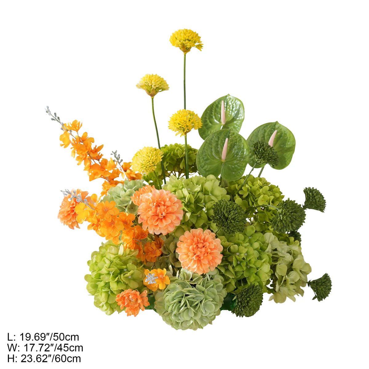 Green and orange mixed blooms table centerpiece for party