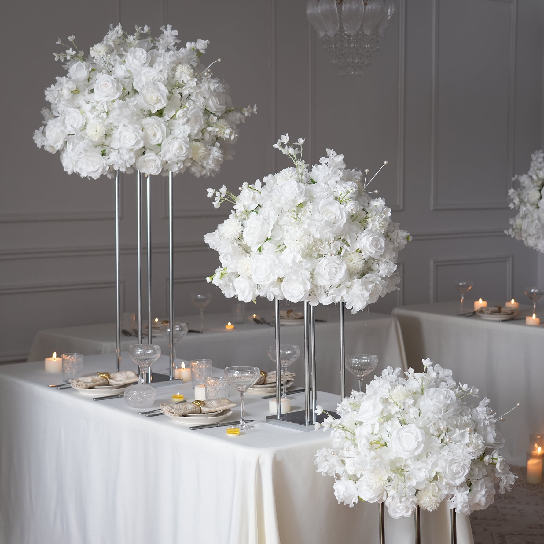 Modern White Wedding Table Decor with Tall Floral Stand
