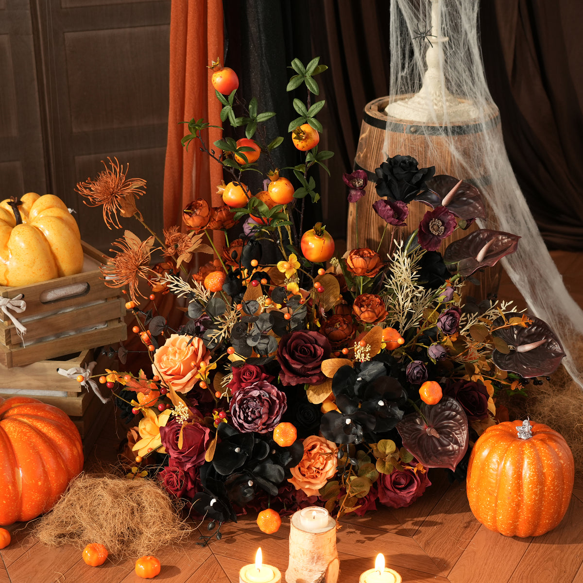 Group display of halloween flower balls on silver stands