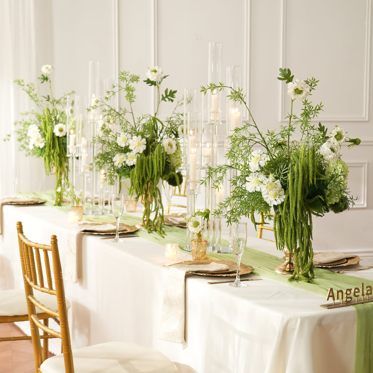 White daisy faux flower centerpiece for wedding long reception table