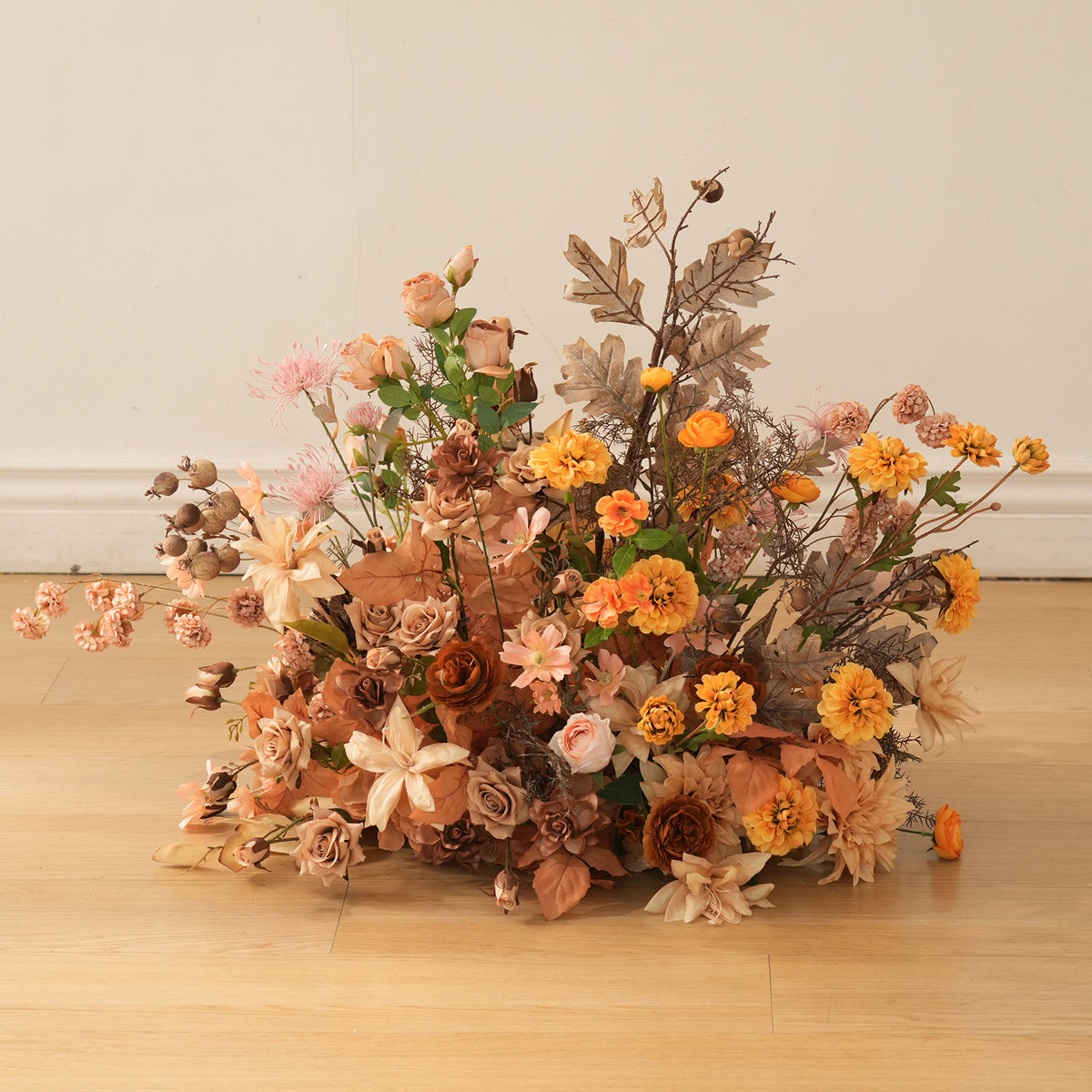Outdoor fall wedding hanging flower swag with ground flower