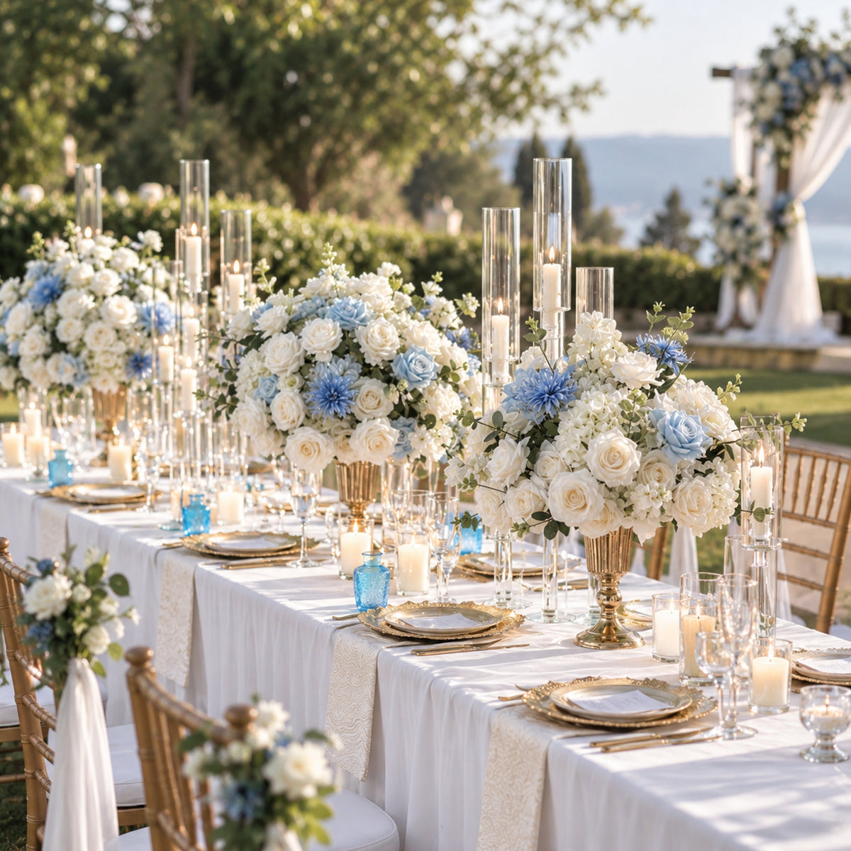 Outdoor garden wedding reception blue white silk table centerpiece