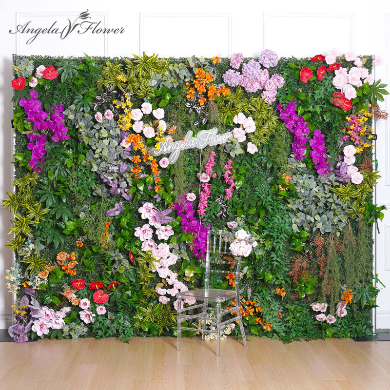 Wedding backdrop floral setup with mixed flowers and greenery